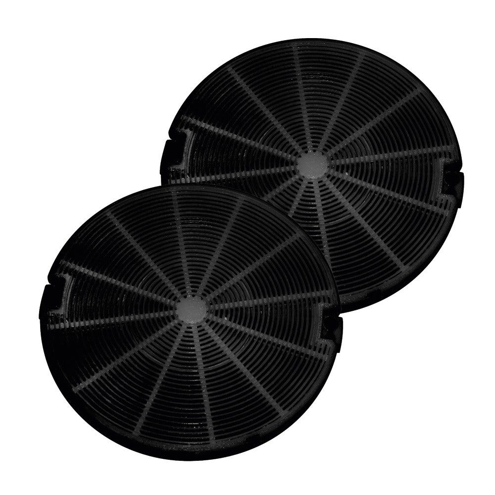 Due filtri a carbone nero circolari. Ognuno ha un mozzo centrale e linee radiali. Sono posizionati su sfondo bianco.