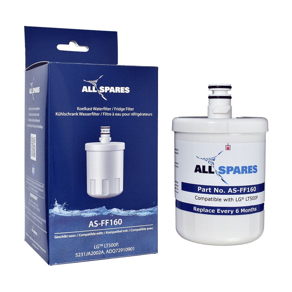 Ein weißer Wasserfilter und eine blaue Box mit Wasserfilterdetails auf weißem Hintergrund.