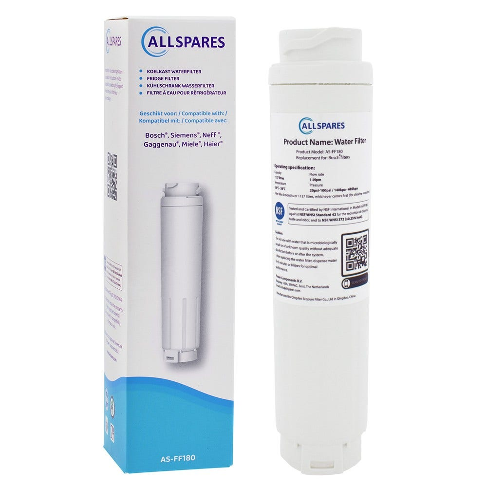 Box und Wasserfilter. Die Box ist weiß mit Text und der Filter ist weiß. ALLSPARES Logo ist sichtbar.