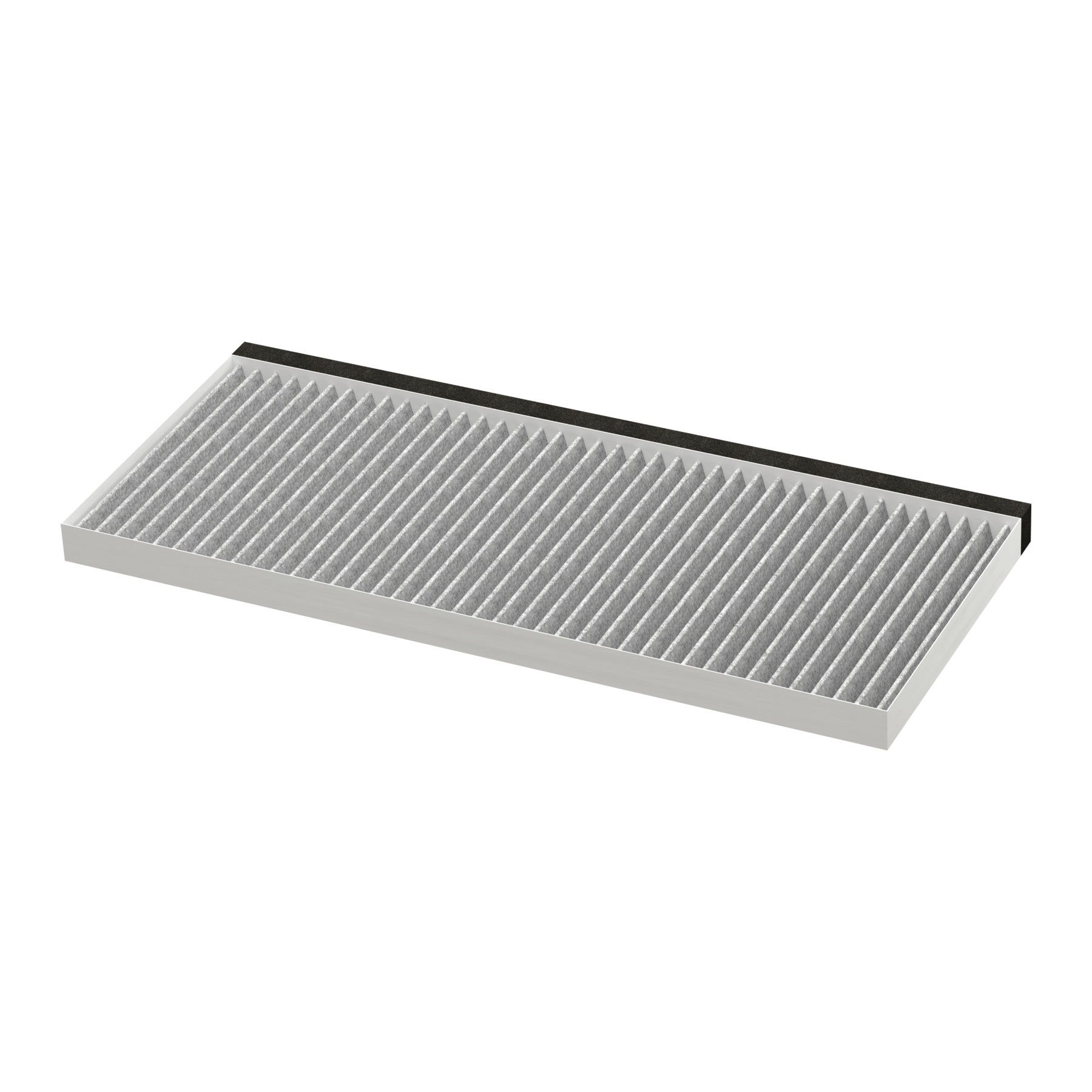 Filtro aria rettangolare con materiale filtrante grigio e cornice nera. Il filtro è su sfondo bianco.