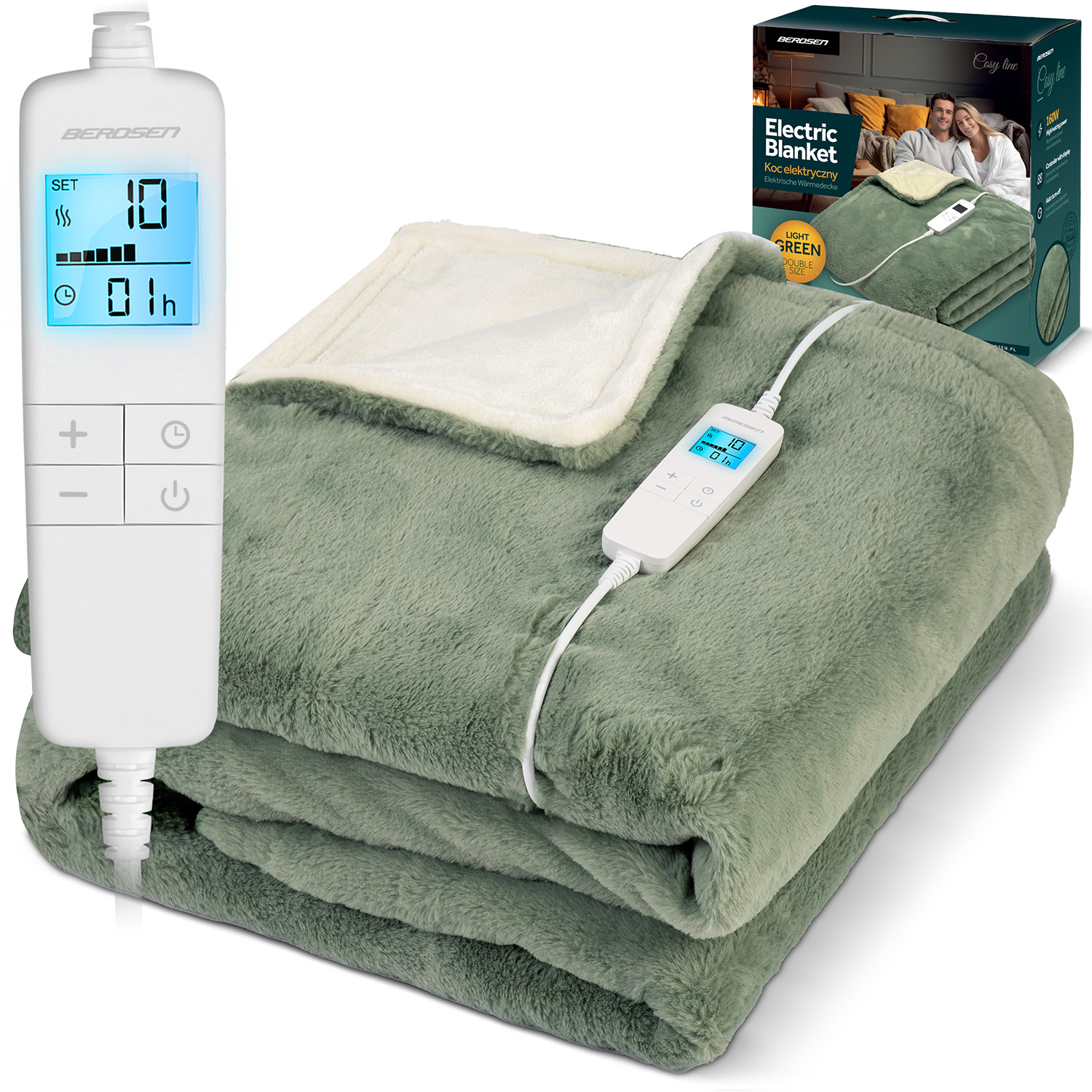 Zielony koc elektryczny z białym panelem sterowania wyświetlającym ustawienia. Pudełko pokazuje produkt i parę go używającą.
