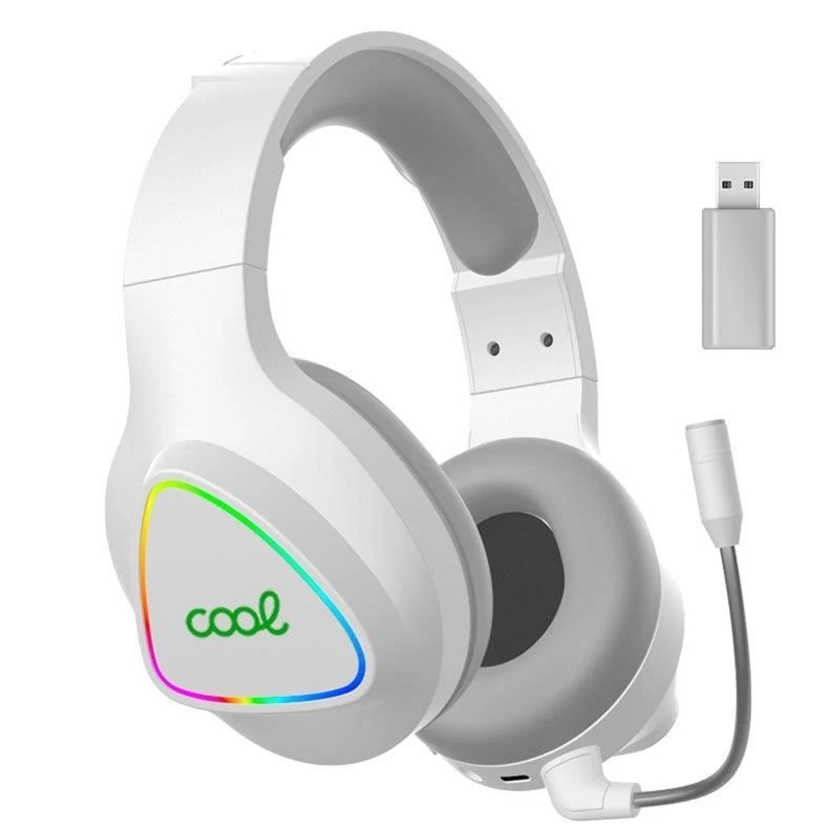 Auriculares blancos con un logotipo de arcoíris que dice 'cool'. También se ven un dongle USB y un micrófono separados.