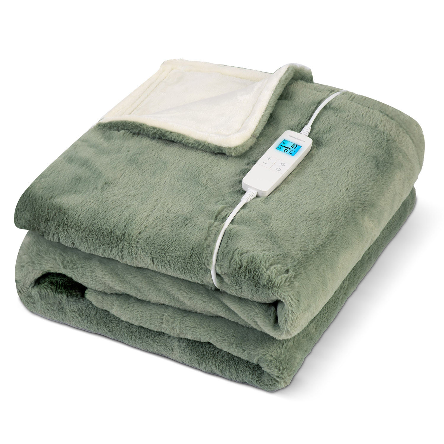 Złożony zielony koc elektryczny z białym panelem sterowania i białym, puszystym obramowaniem.