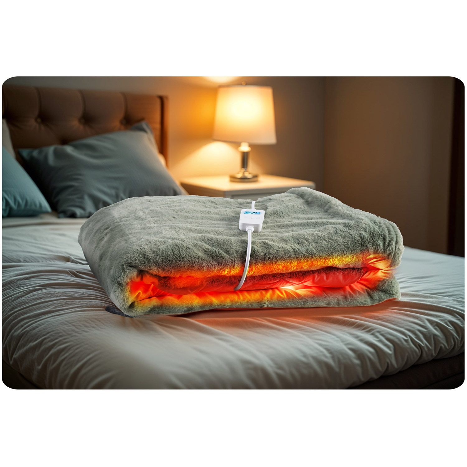 Ogrzewany koc na łóżku świeci na pomarańczowo. Z tyłu lampa i poduszki. Koc jest podłączony.