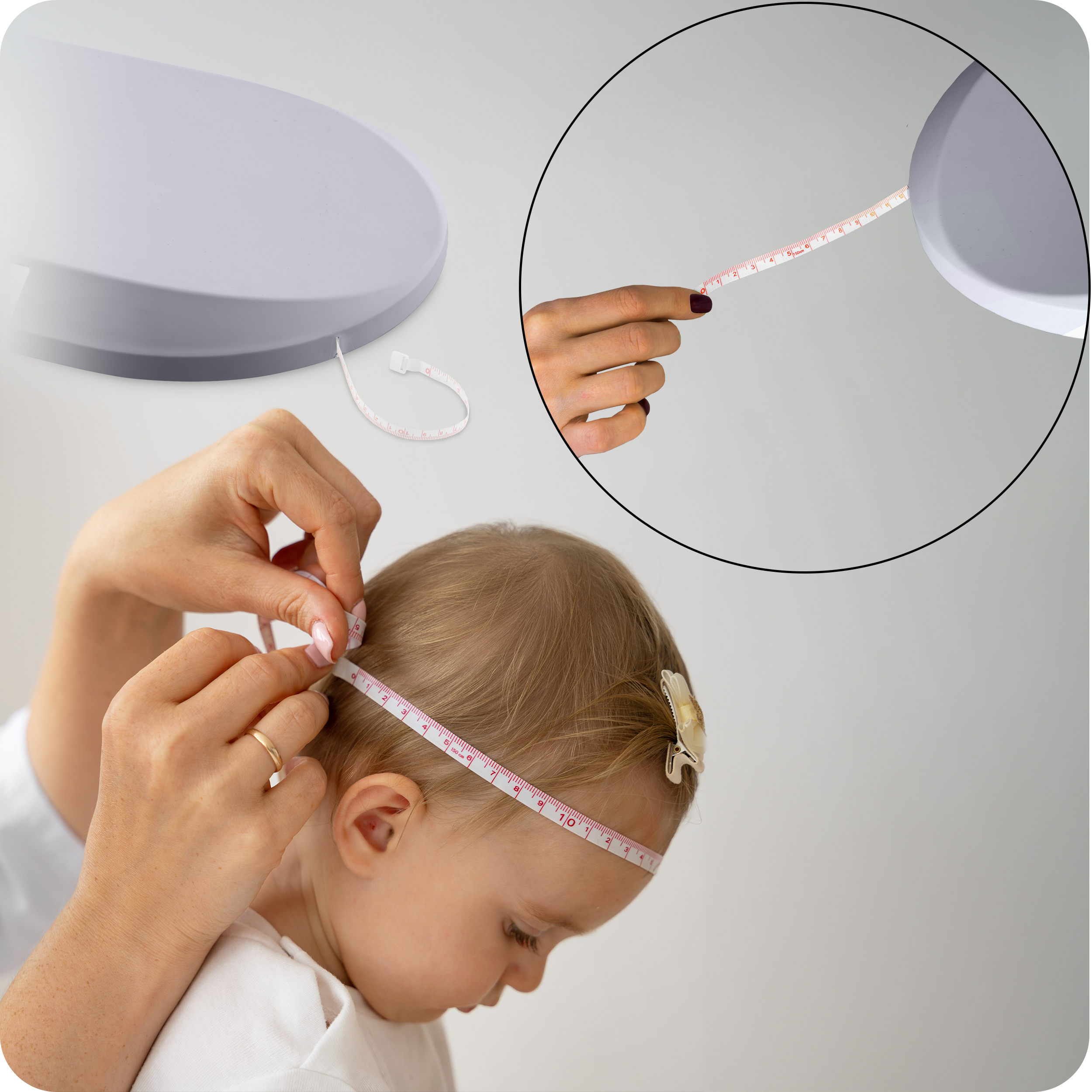 Osoba mierzy głowę dziecka za pomocą taśmy mierniczej. Dziecko ma spinkę do włosów.