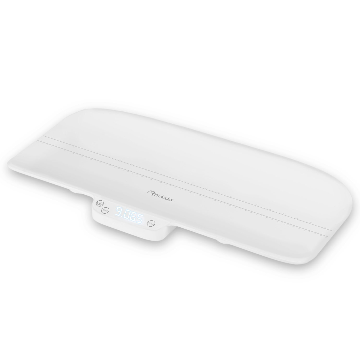 Biała waga dla dziecka z cyfrowym wyświetlaczem pokazującym 9.065. Waga ma zakrzywiony kształt z logo marki i oznaczeniami pomiarowymi.