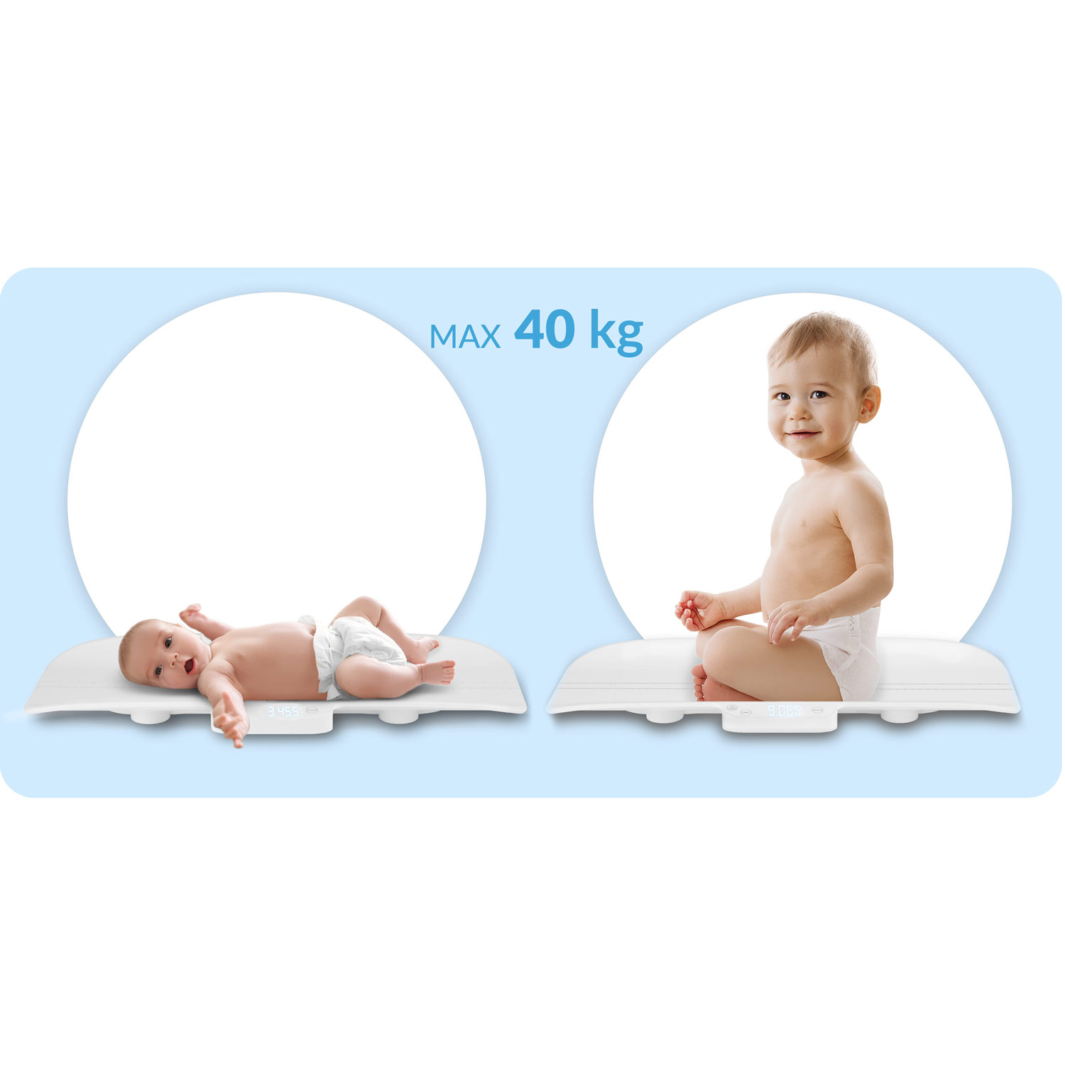 Dwoje niemowląt na białych wagach. Jedno leży, drugie siedzi. Wagi pokazują wagę. Niebieskie tło z 'MAX 40 kg'.