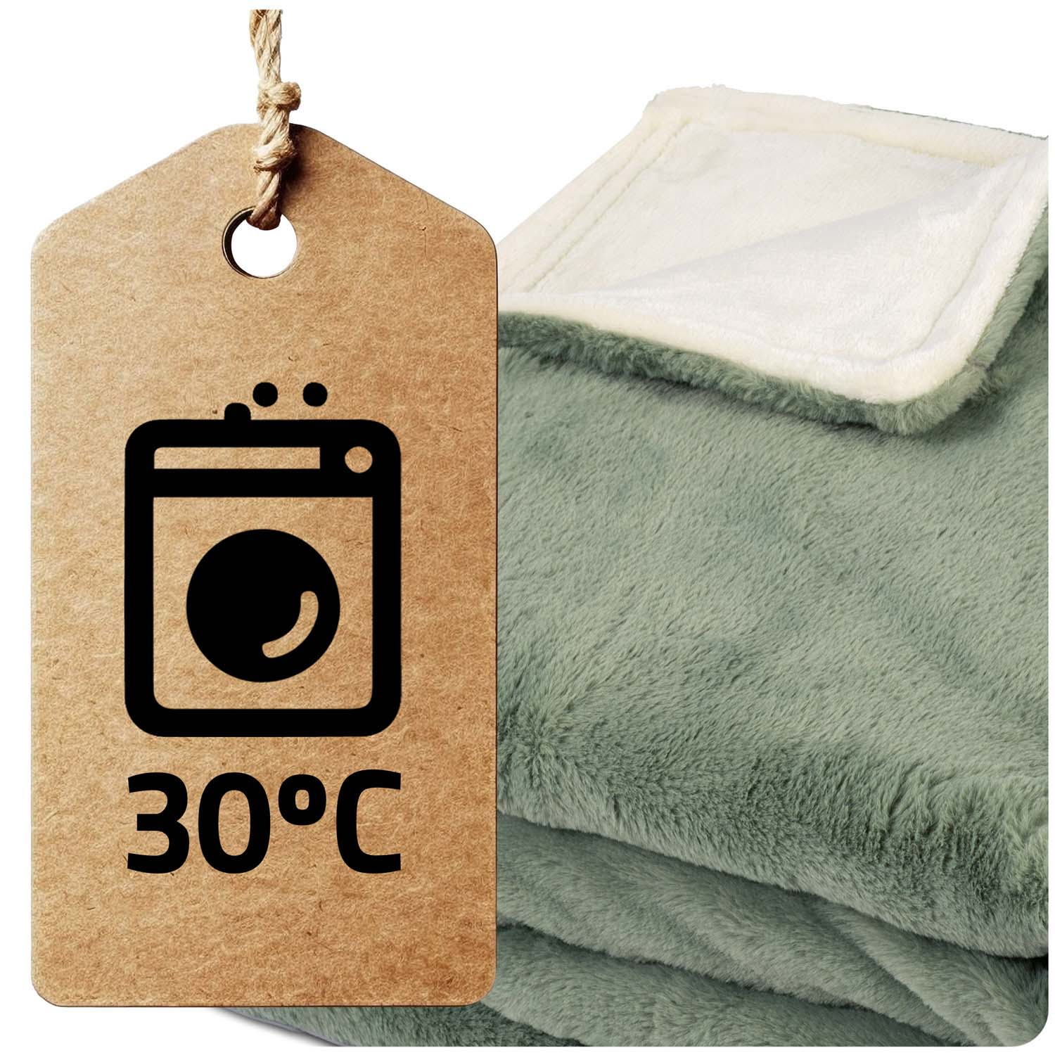 Miękki zielony koc z białym wnętrzem jest wyświetlany obok brązowej etykiety z symbolem pralki i 30°C.