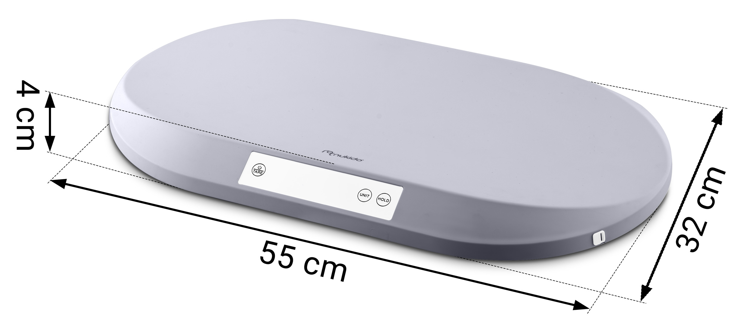 Szara waga dla dziecka. Ma 55 cm długości, 32 cm szerokości i 4 cm wysokości. Posiada przyciski do tarowania, jednostki i zatrzymania.