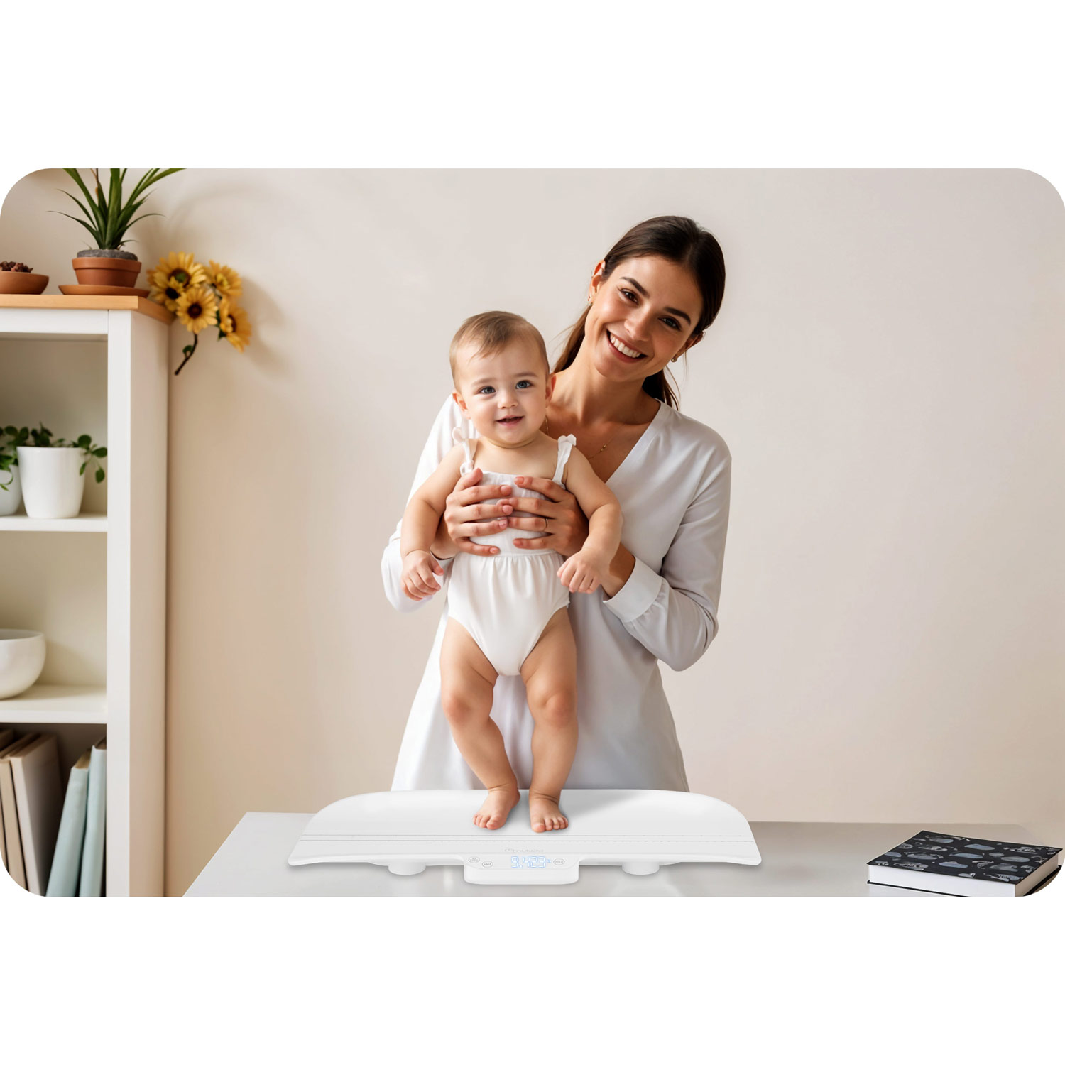 Kobieta trzyma dziecko stojące na wadze dla niemowląt. Kobieta się uśmiecha. W tle regał i kwiaty.