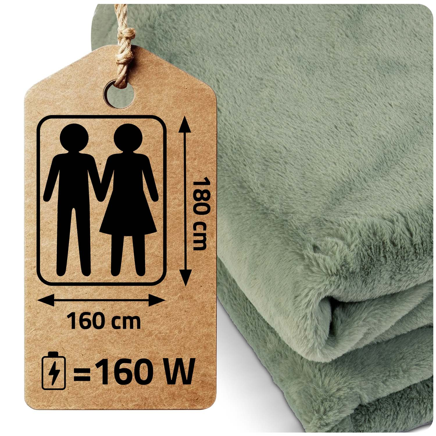 Koc z dołączoną metką. Metka pokazuje wymiary i moc 160 W. Koc jest zielony i puszysty.