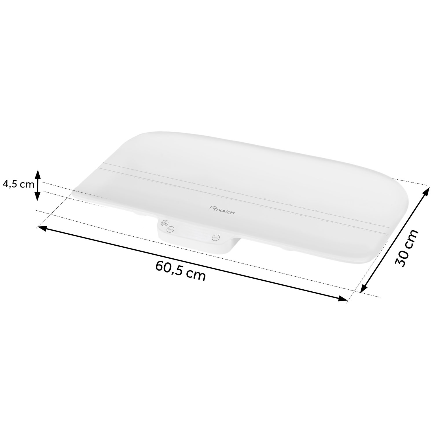 Biała waga dla dziecka z wymiarami. Ma 60,5 cm długości, 30 cm szerokości i 4,5 cm grubości. Widoczna jest marka Nukido.