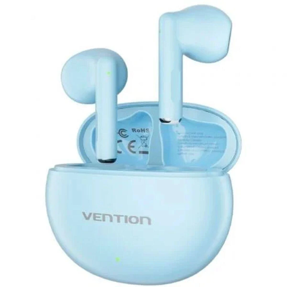 Auriculares Vention azul claro en su estuche de carga. El estuche está abierto, mostrando los auriculares y los componentes internos. Marcas RoHS y CE visibles.