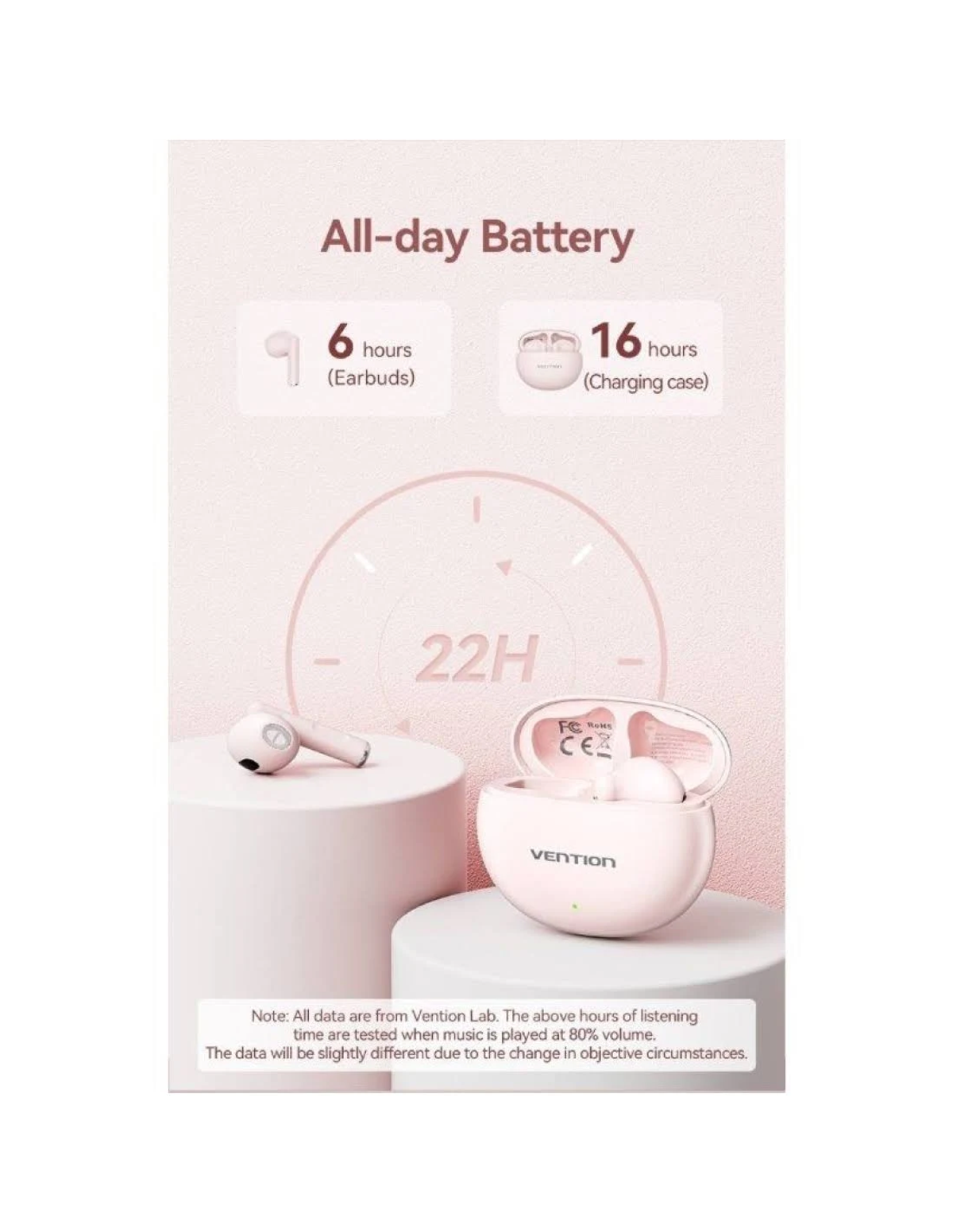Auriculares y estuche de carga rosas sobre fondo rosa. Muestra la duración de la batería: 6 horas para auriculares, 16 para el estuche, total 22 horas.