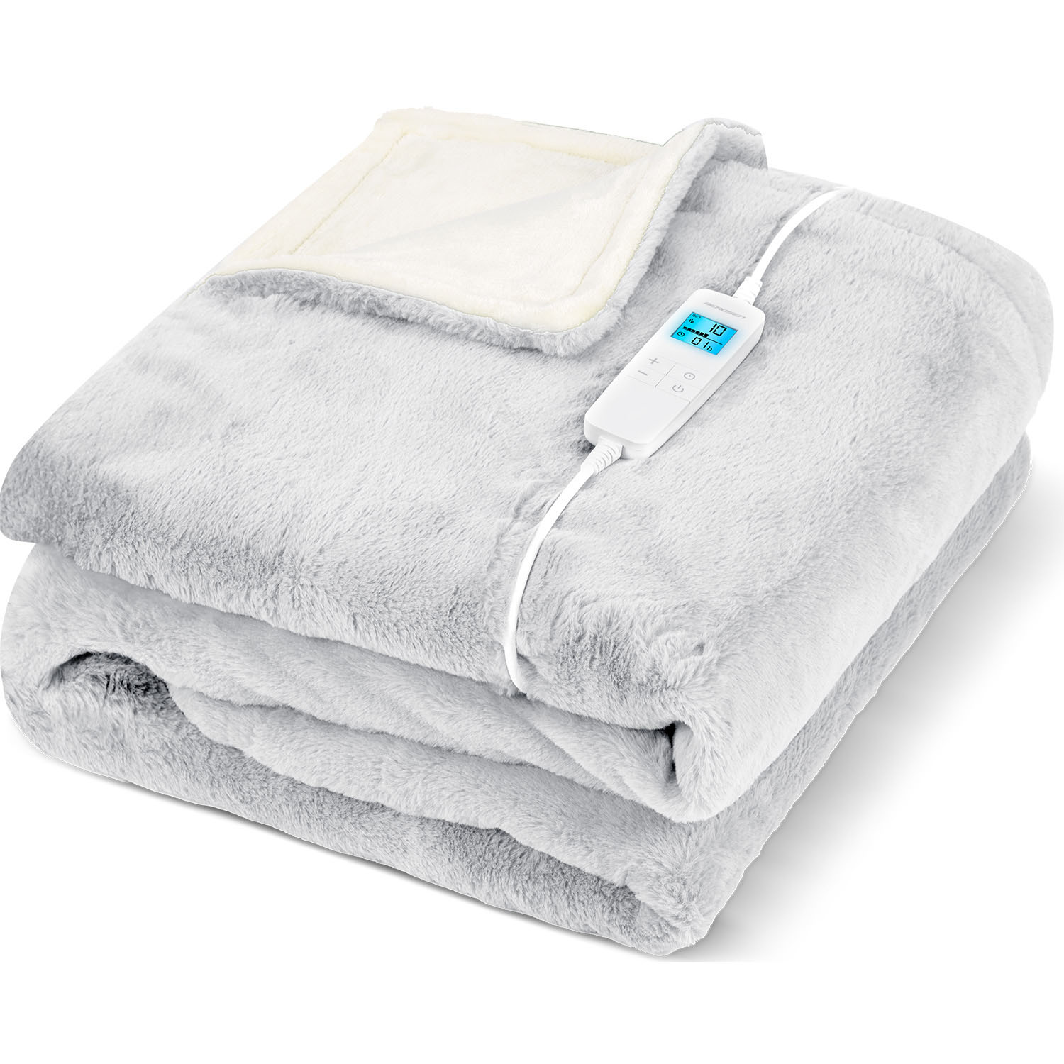 Szary, złożony koc elektryczny z białym panelem sterowania i przewodem. Koc jest miękki i puszysty, z białą, pluszową górną częścią.