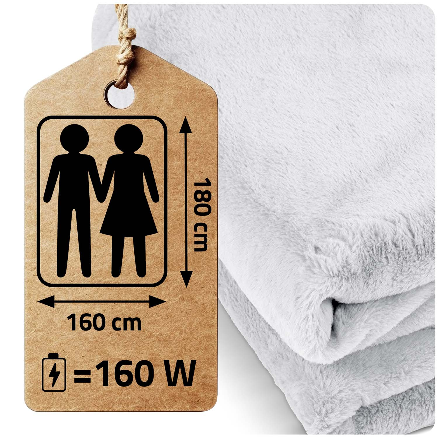 Brązowa etykieta z ikonami ludzi i wymiarami: 160 cm x 180 cm, 160W. Po prawej stronie szary, puszysty koc.