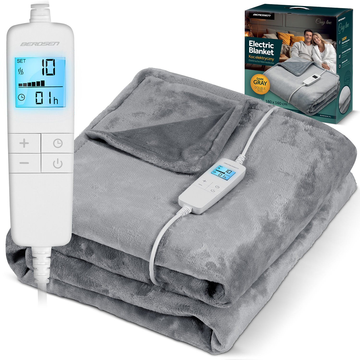 Szary koc elektryczny z kontrolerem wyświetlającym ustawienia. Pudełko przedstawia koc i parę.