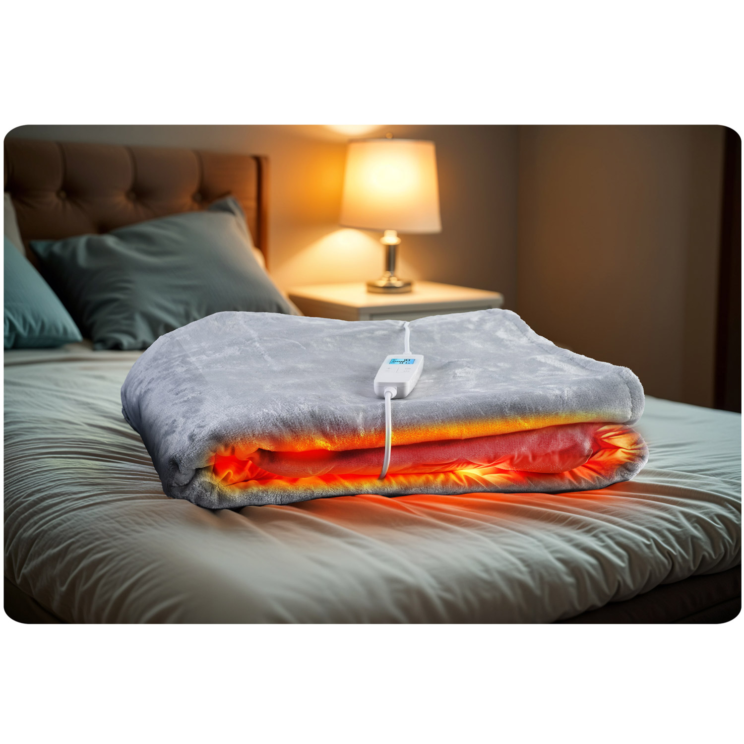 Szary koc elektryczny na łóżku, podświetlony na pomarańczowo. Lampa i poduszki w tle.