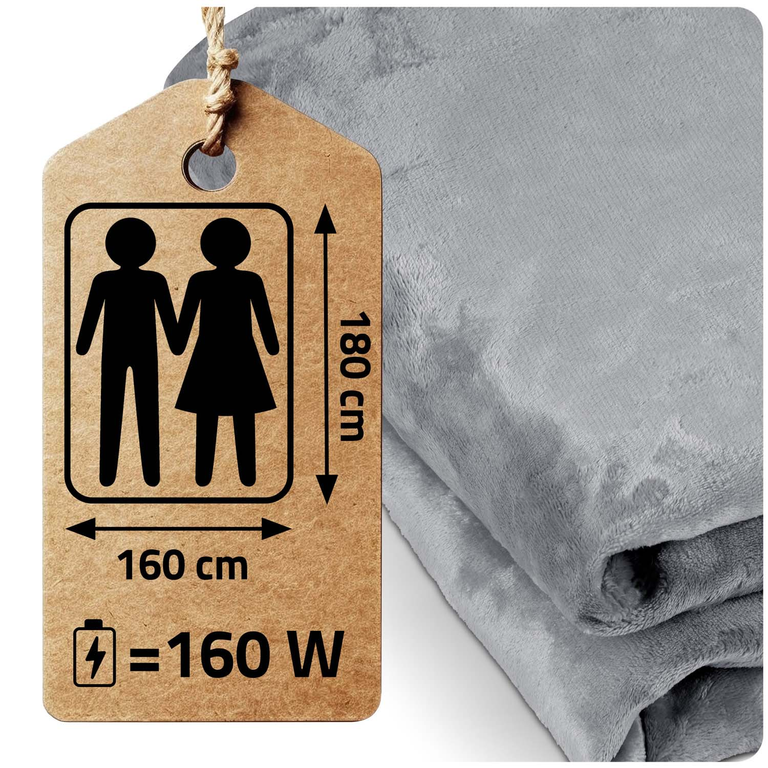 Szary koc z etykietą z rozmiarem i mocą. Etykieta zawiera ikony osób, wymiary (160x180 cm) i moc 160W.