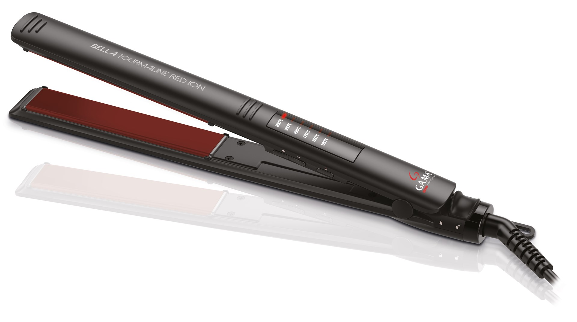 Una piastra per capelli nera e rossa, con impostazioni di temperatura, su una superficie bianca. Il marchio è GA.MA.