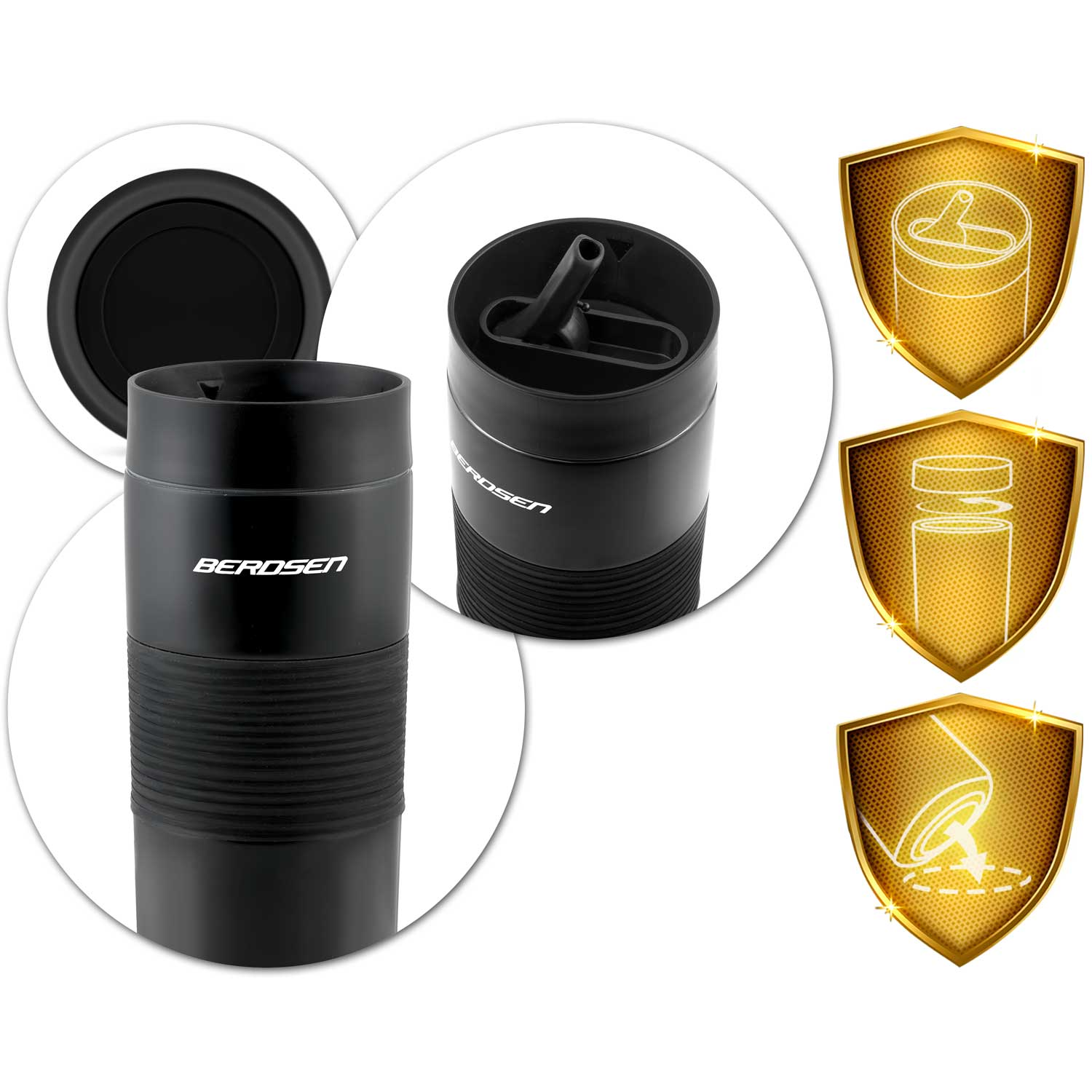 Czarny kubek podróżny z pokrywką i otwartym wlewem, pokazujący szczegóły. Złote tarcze z ilustracjami.