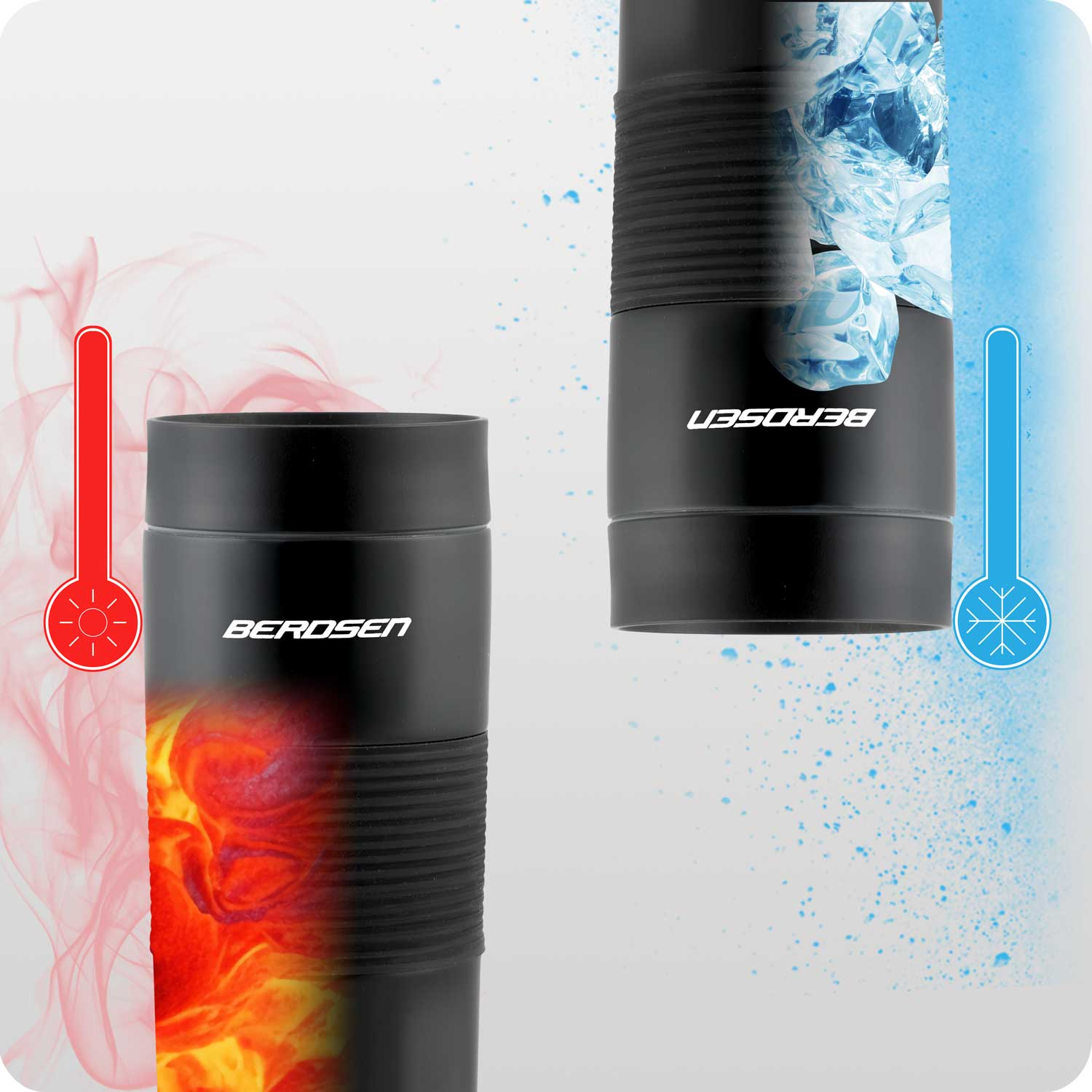 Dwa czarne kubki termiczne z napisem BEROSEN. Jeden ma grafikę płomienia, drugi lodu. Ikony termometru wskazują gorąco/zimno.
