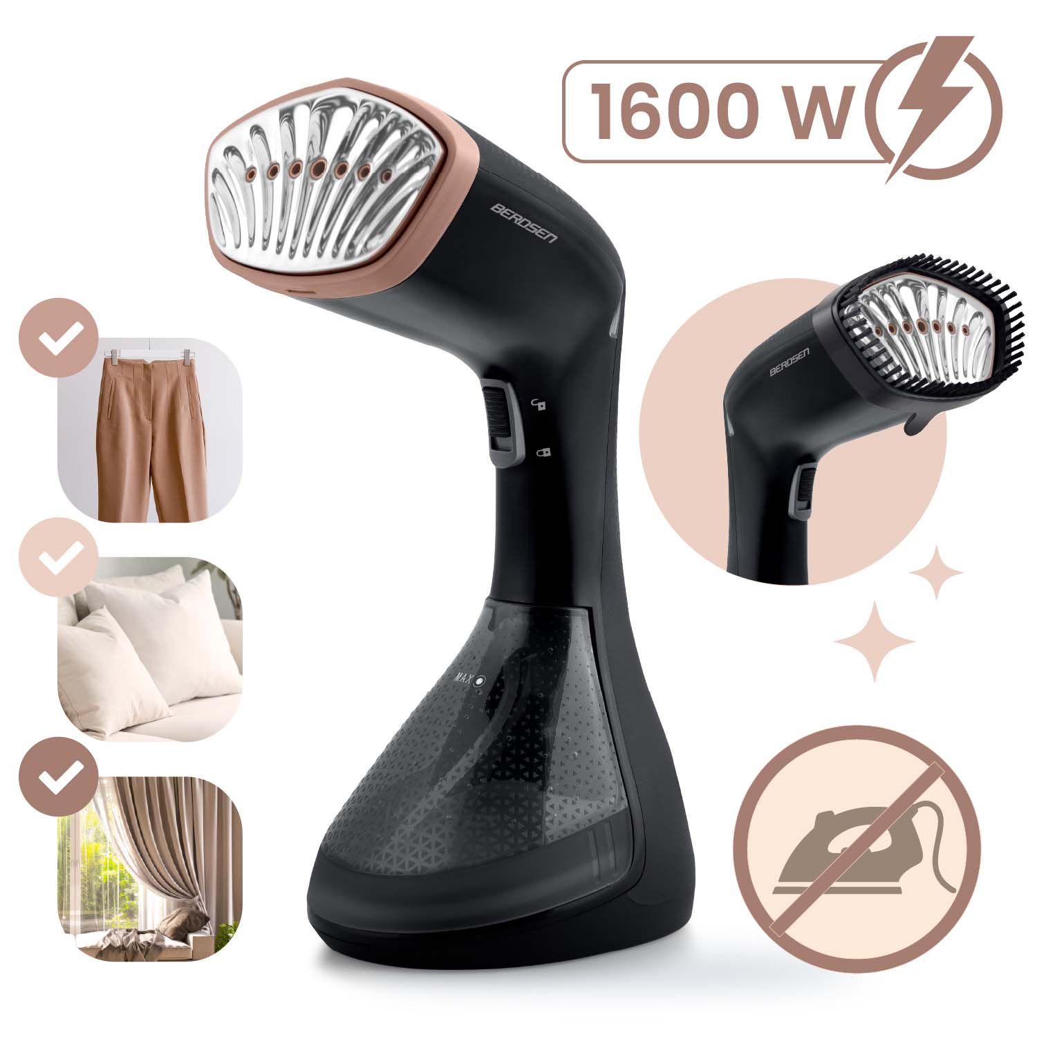 Czarny parownik do ubrań z brązową głowicą. Zawiera zdjęcia spodni, poduszek i zasłon. A także znak zakazu prasowania.