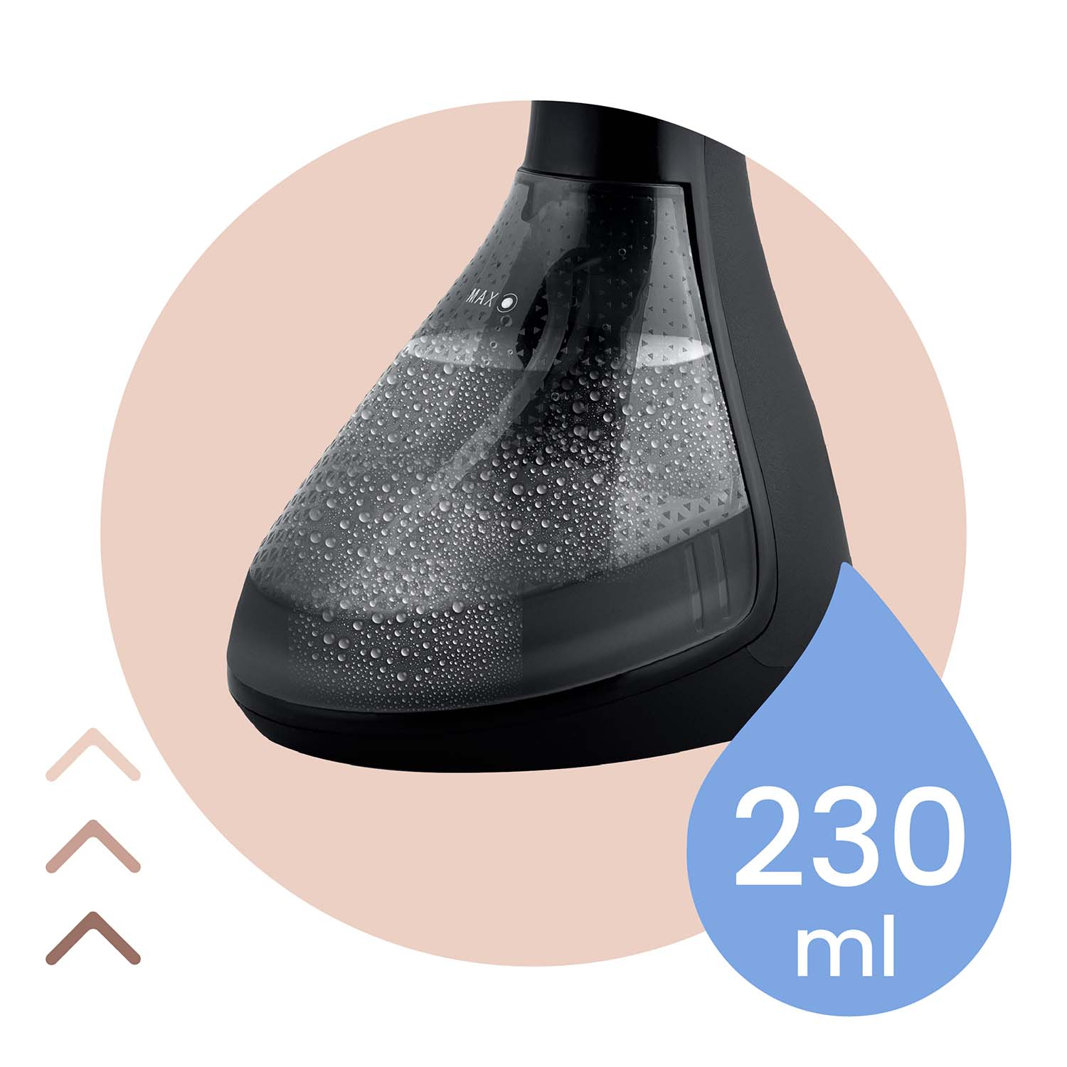 Czarny parowiec z wodą w środku. Różowe koło z tyłu. Niebieska kropla pokazuje 230 ml. Strzałki w lewo.