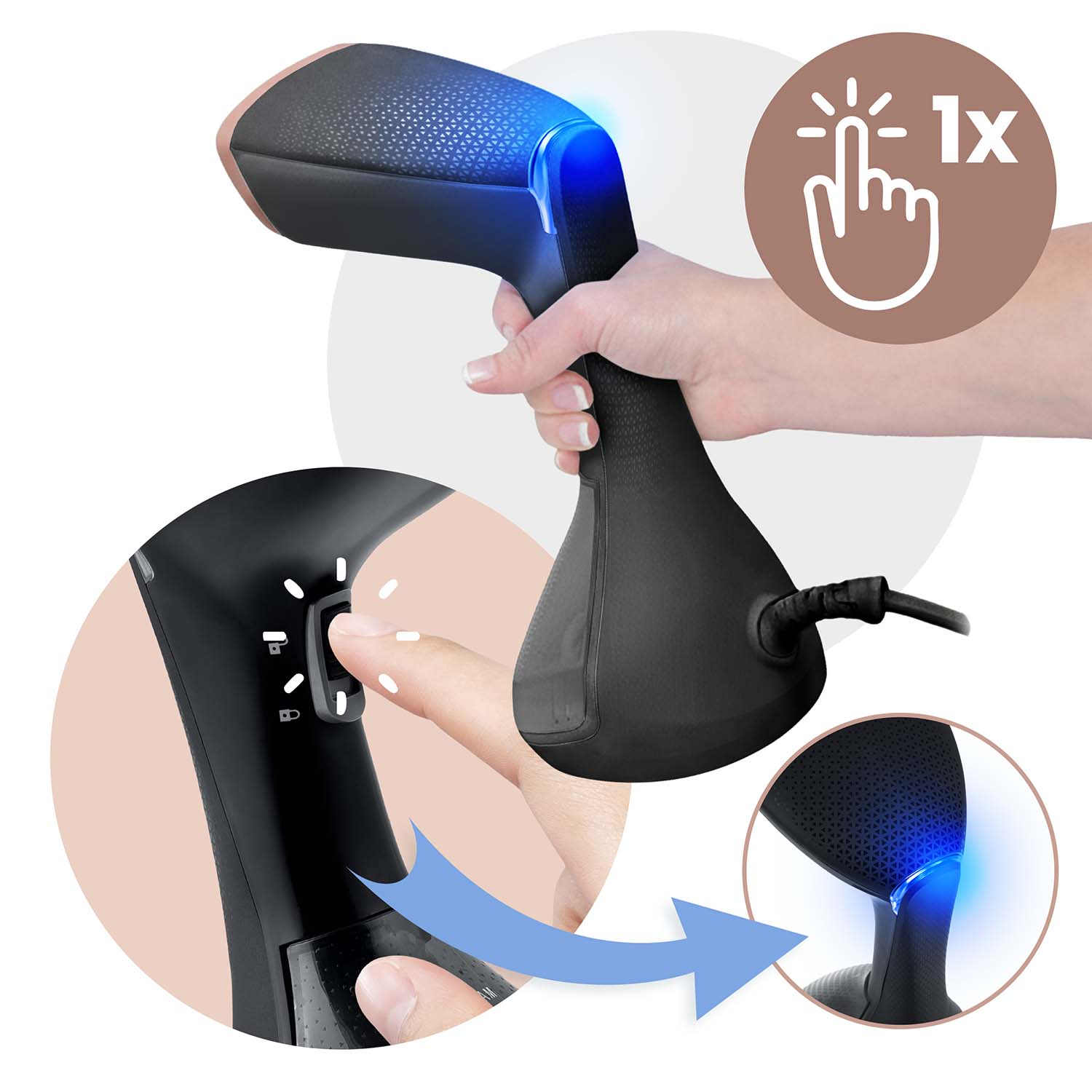 Ręka trzyma czarny i brązowy parownik do ubrań. Palec naciska przycisk. Niebieskie światło oświetla urządzenie.