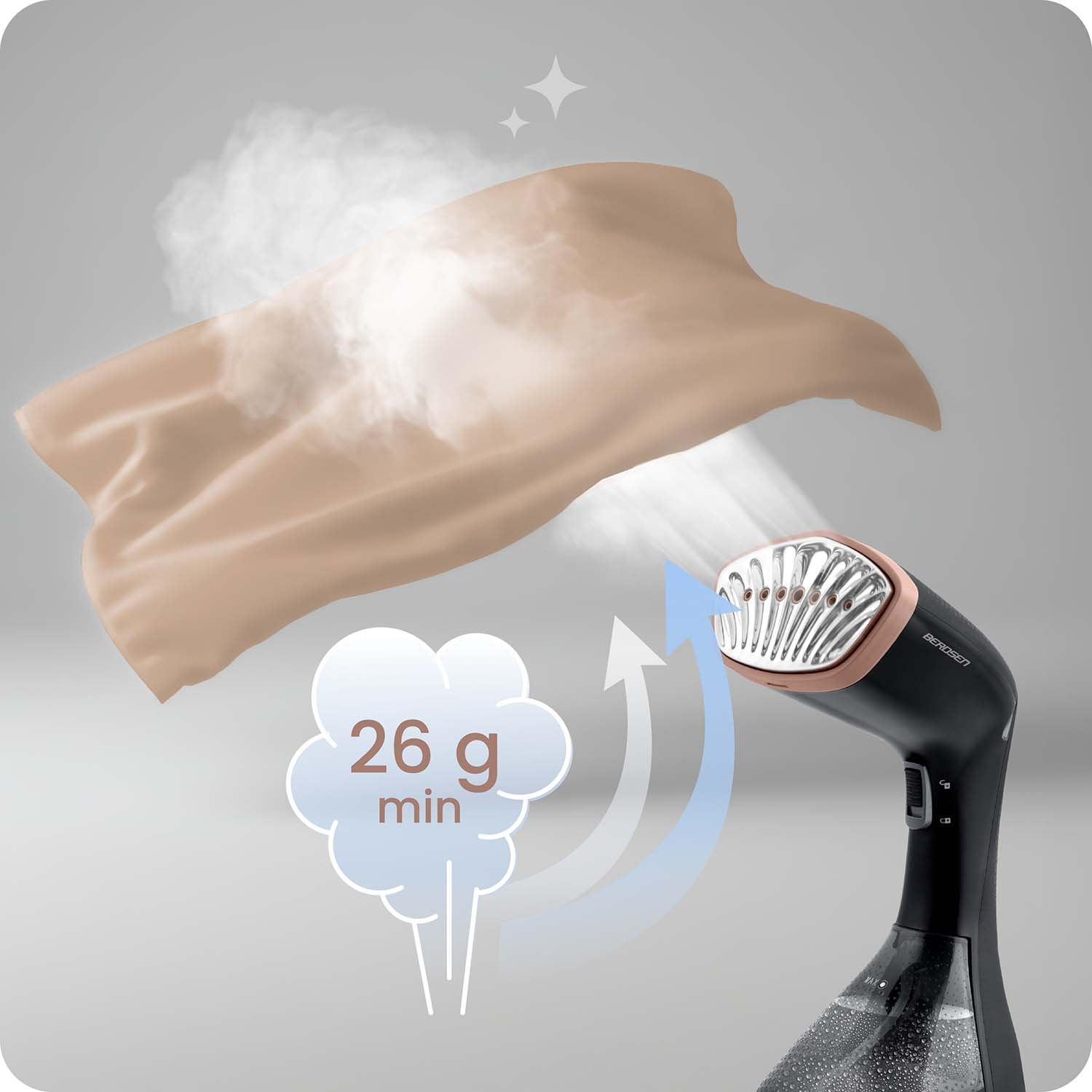 Ręczny parownik parujący kawałek materiału. Parownik jest czarny ze złotymi różowymi akcentami. Chmura pokazuje 26 g/min.