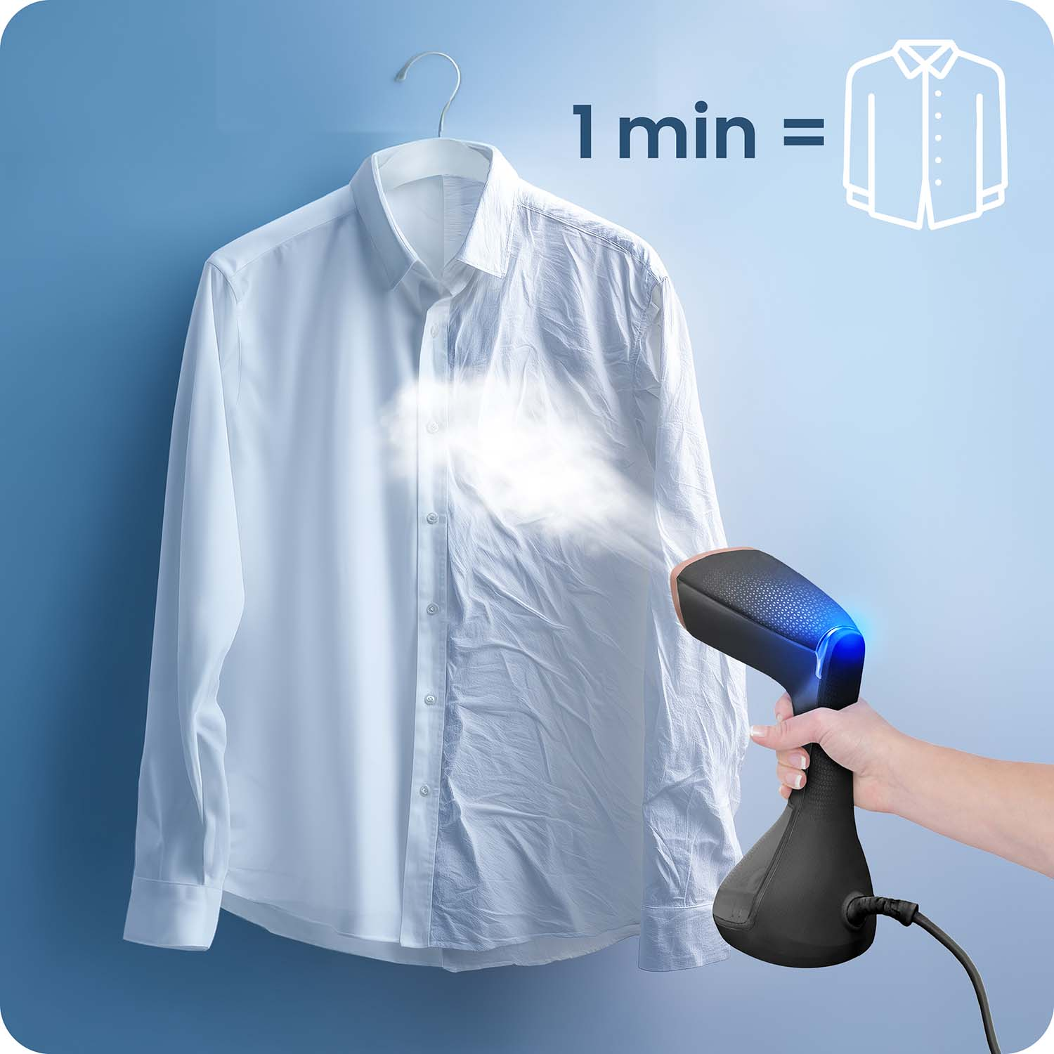 Biała koszula wisi na wieszaku. Parownica ręczna jest używana na koszuli, wygładzając zagniecenia. Tekst: 1 min = ikona koszuli.