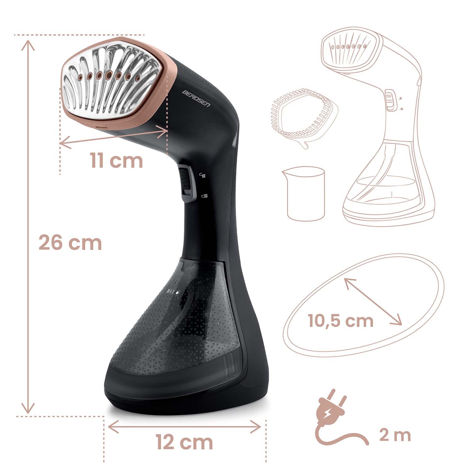 Czarny i różowo-złoty parowiec BEROSEN. Wymiary: 26 cm wysokości, 11 cm szerokości u góry, 12 cm podstawy. Pokazano przewód o długości 2 m.