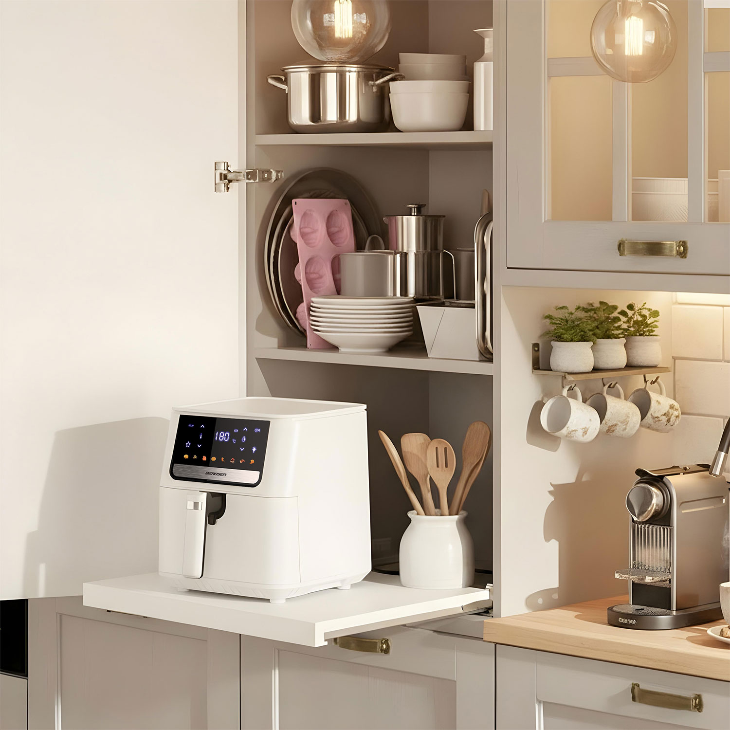 Biała frytkownica beztłuszczowa stoi na wysuwanej półce w szafce kuchennej. Widoczne są również naczynia, garnki i przybory kuchenne.