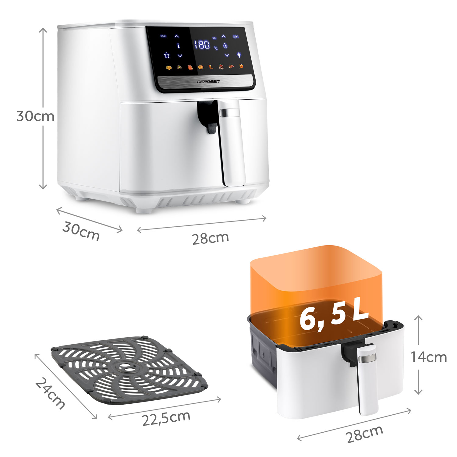 Biała frytkownica powietrzna z wymiarami. Zawiera kosz, ruszt i pomarańczowy pojemnik. Frytownica pokazuje 180 stopni.