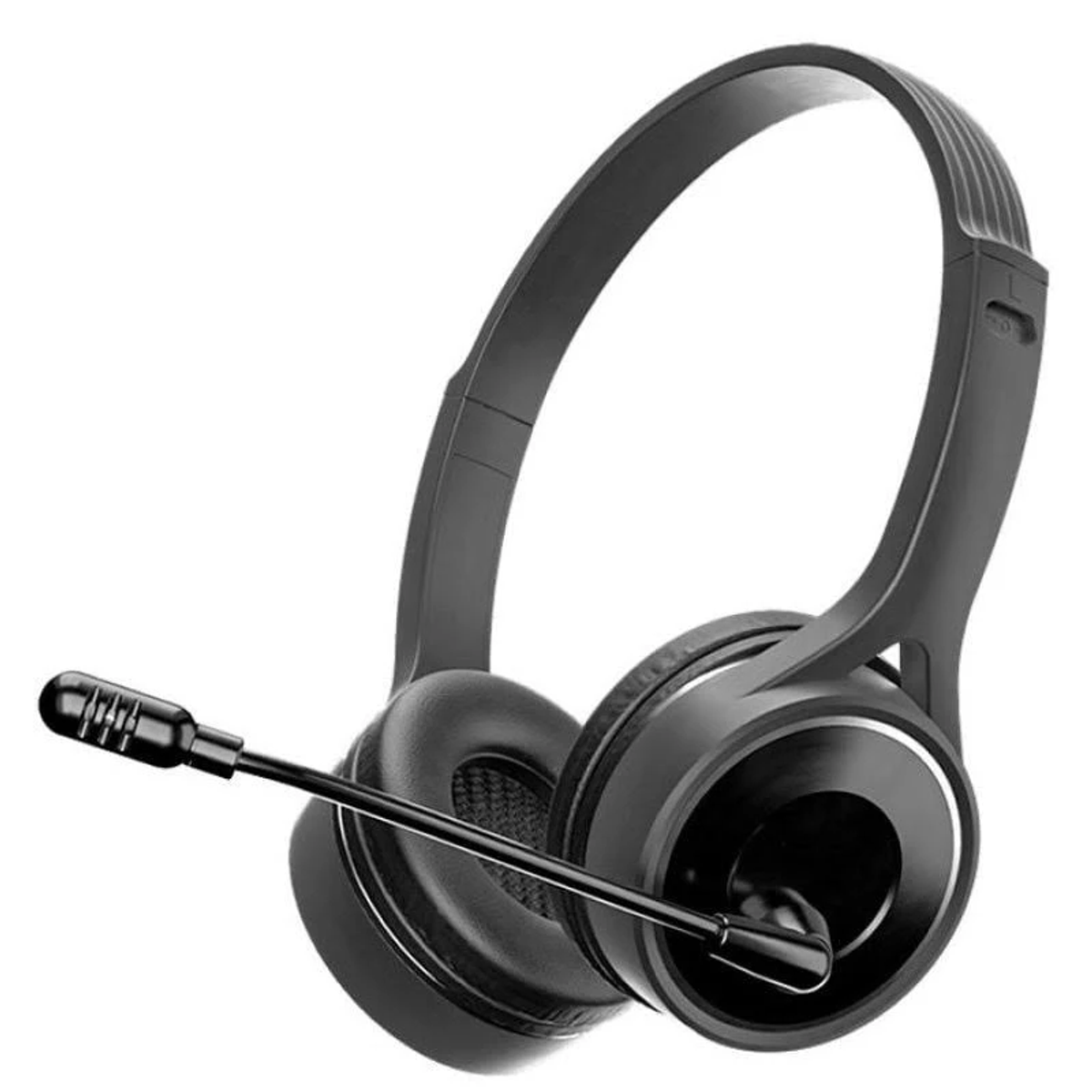 Cuffie nere con microfono. Hanno un design over-ear. Il microfono è su un braccio flessibile.