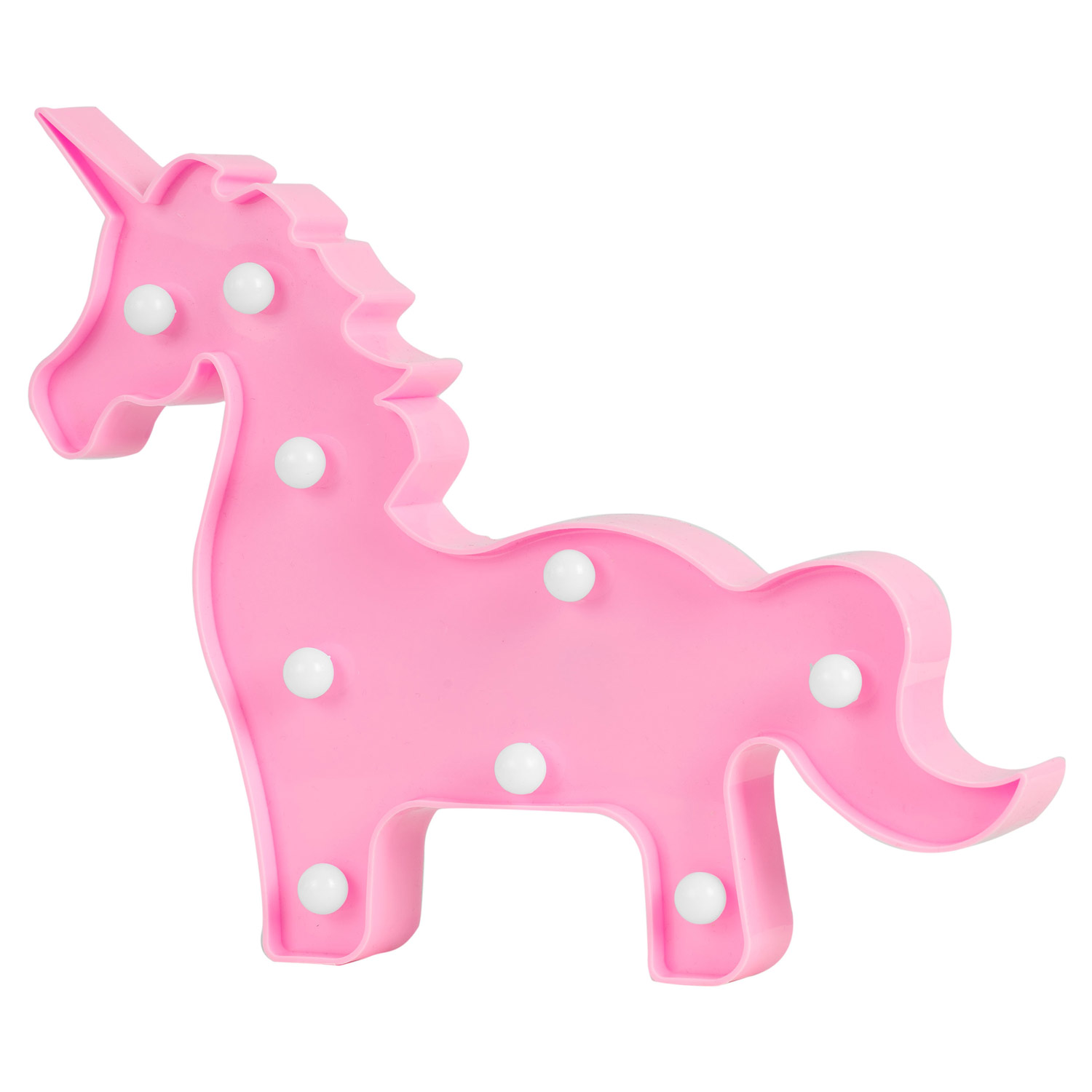 Różowe światło w kształcie jednorożca z białymi żarówkami. Ma róg, grzywę i ogon. Tło jest białe.