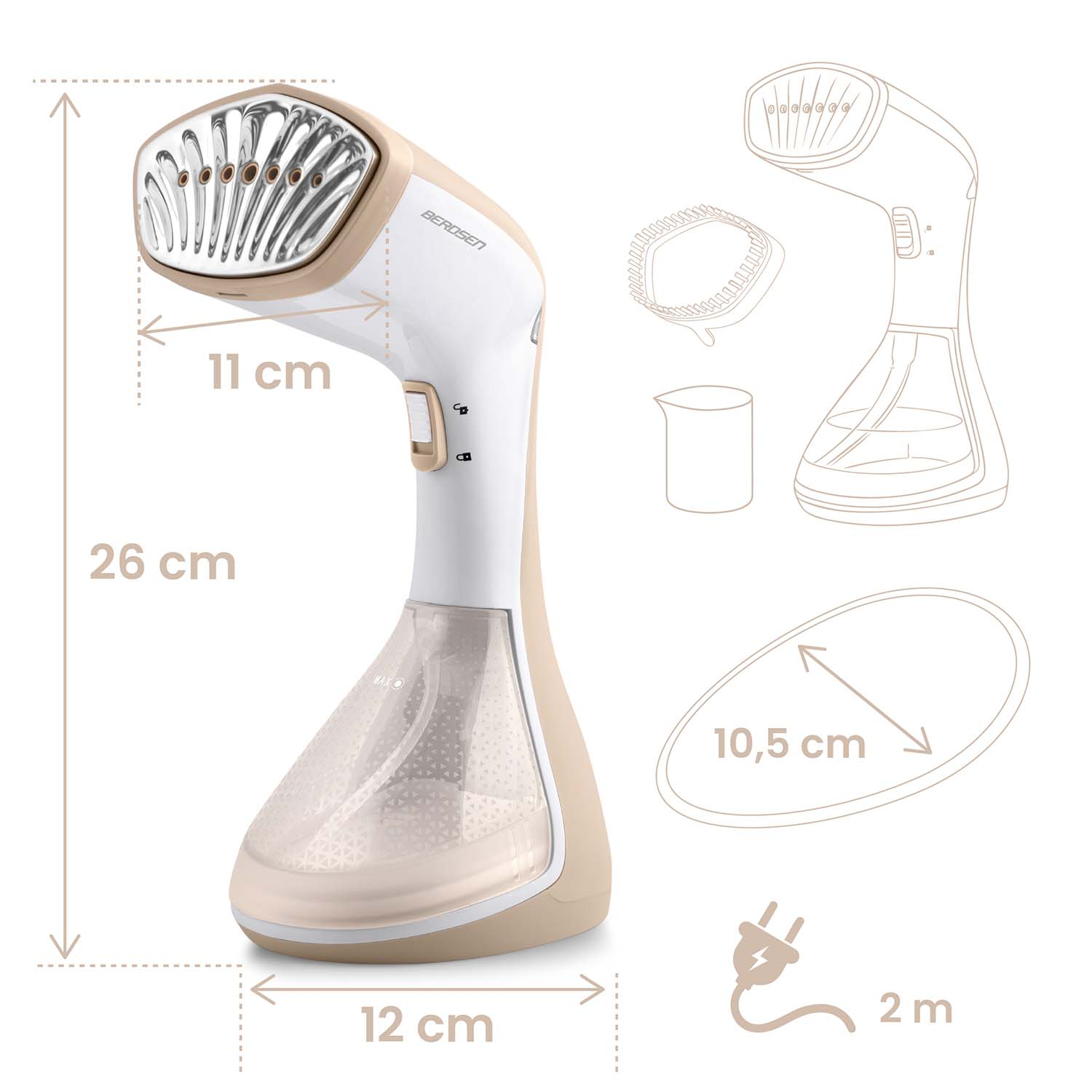 Beżowo-biała ręczna parownica do odzieży z wymiarami. Zawiera diagram, główkę szczotki i miarkę.