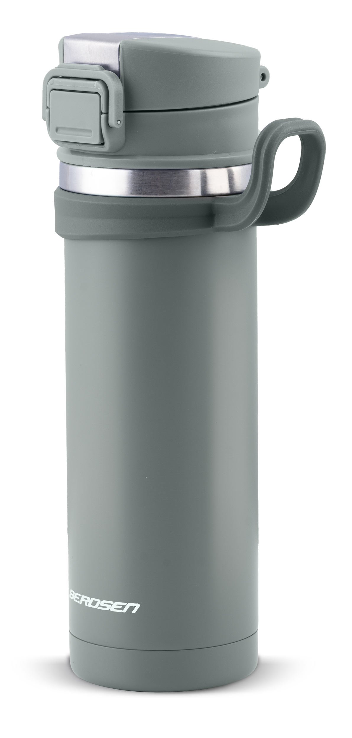 Szara butelka termiczna Berdsen z uchwytem, pokrywką i srebrnym pierścieniem na białym tle.