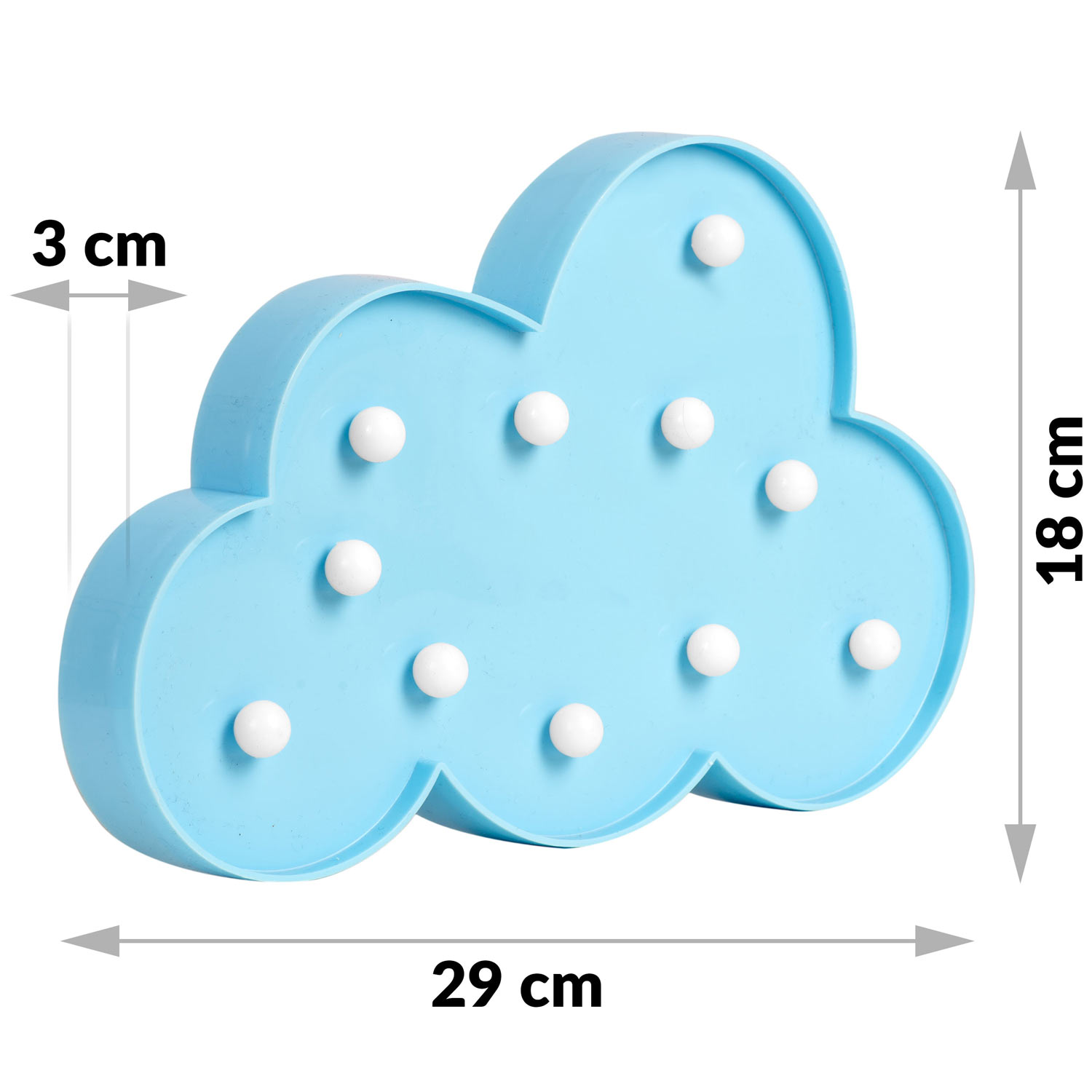 Niebieska lampka w kształcie chmury z białymi żarówkami. Wymiary: 29 cm szerokości, 18 cm wysokości i 3 cm grubości.