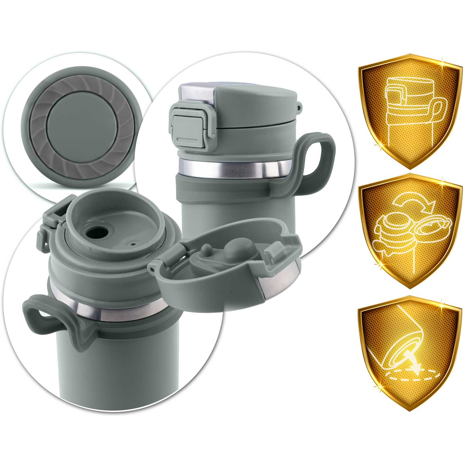 Szary kubek podróżny z uchwytem, otwartą pokrywką, oddzielonymi częściami. Trzy złote tarcze pokazują cechy. Białe tło.