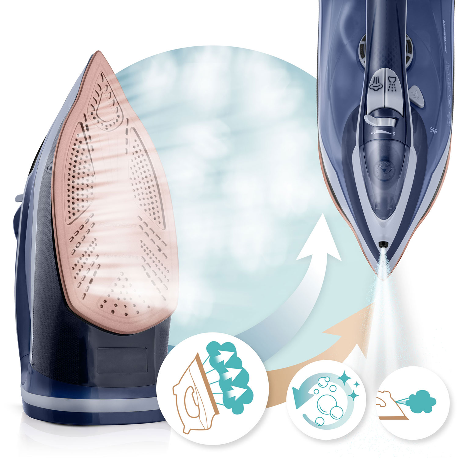 Żelazko z niebieskim korpusem i różową stopą. Wychodzi para. Ikony pokazują parę, czyszczenie i działanie rozpylające.