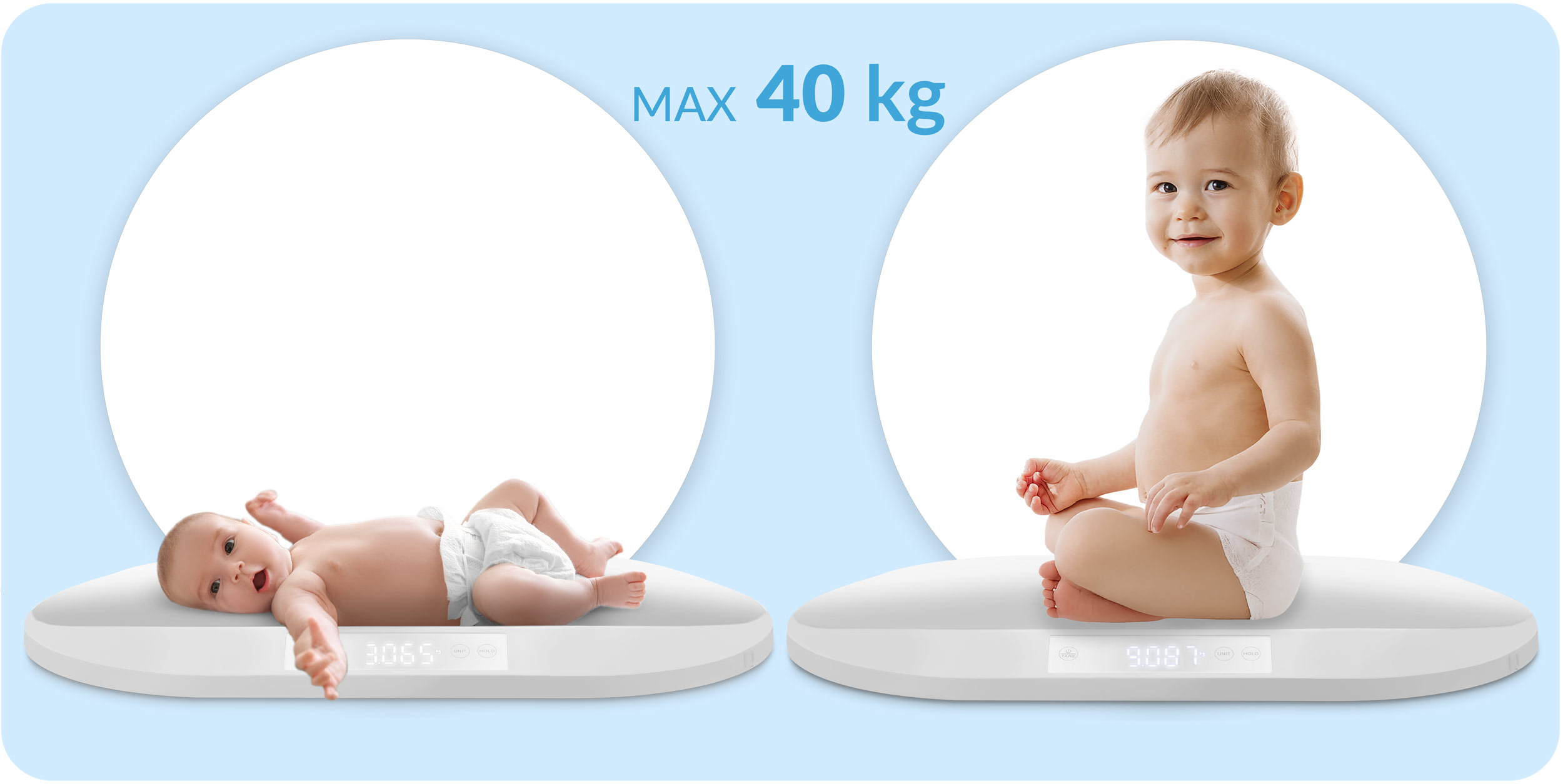 Niemowlę leży na wadze, a drugie siedzi na wadze. Wagi pokazują wagi. Tło jest jasnoniebieskie z białym okręgiem.