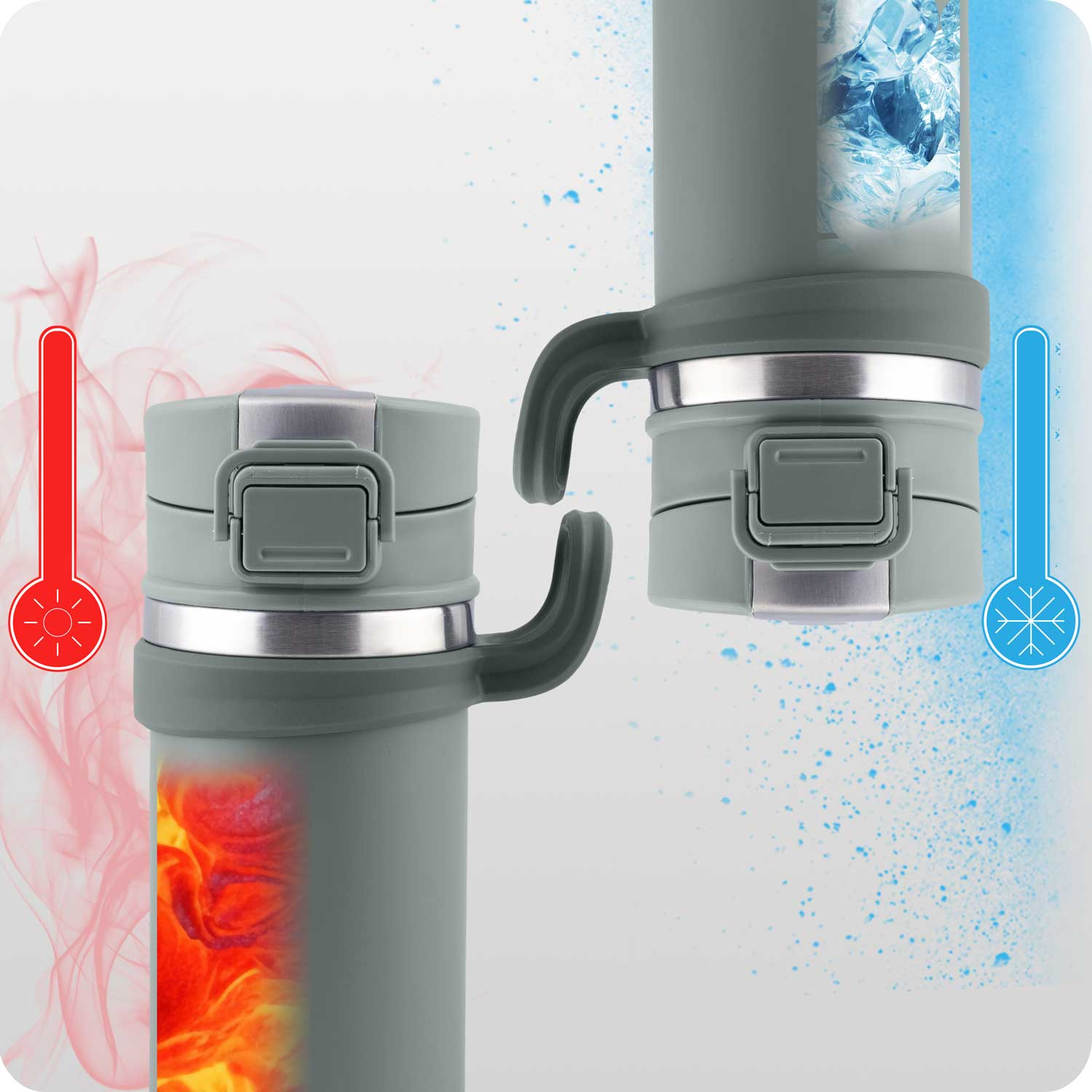 Dwie szare butelki izolowane z uchwytami, reprezentujące ciepło i zimno. Czerwony termometr dla ciepła, niebieski dla zimna, z płomieniami i lodem.