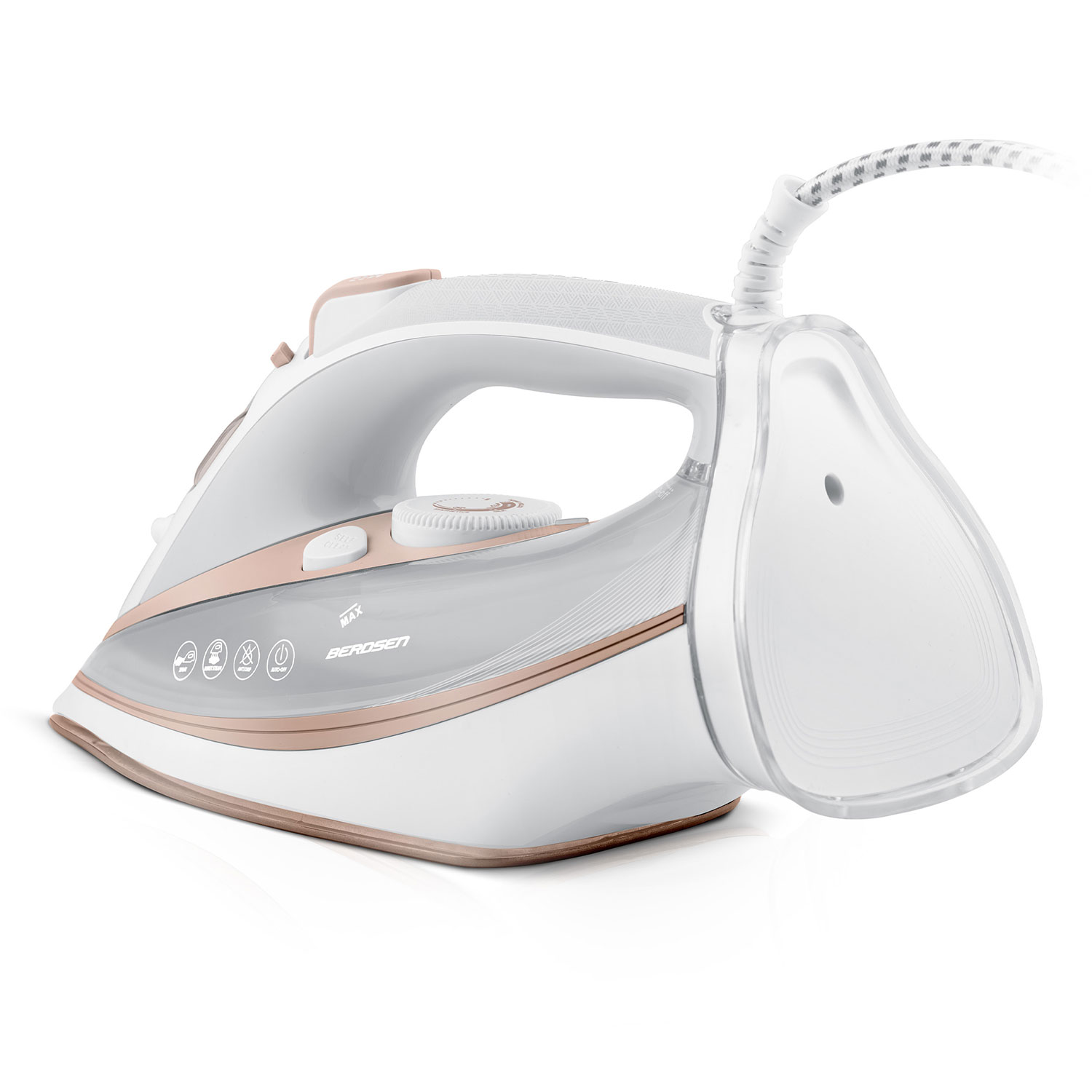 Białe i różowo-złote żelazko z białym uchwytem i głowicą parową, pokrętłem i przewodem. Marka to 'BEROSEN'.
