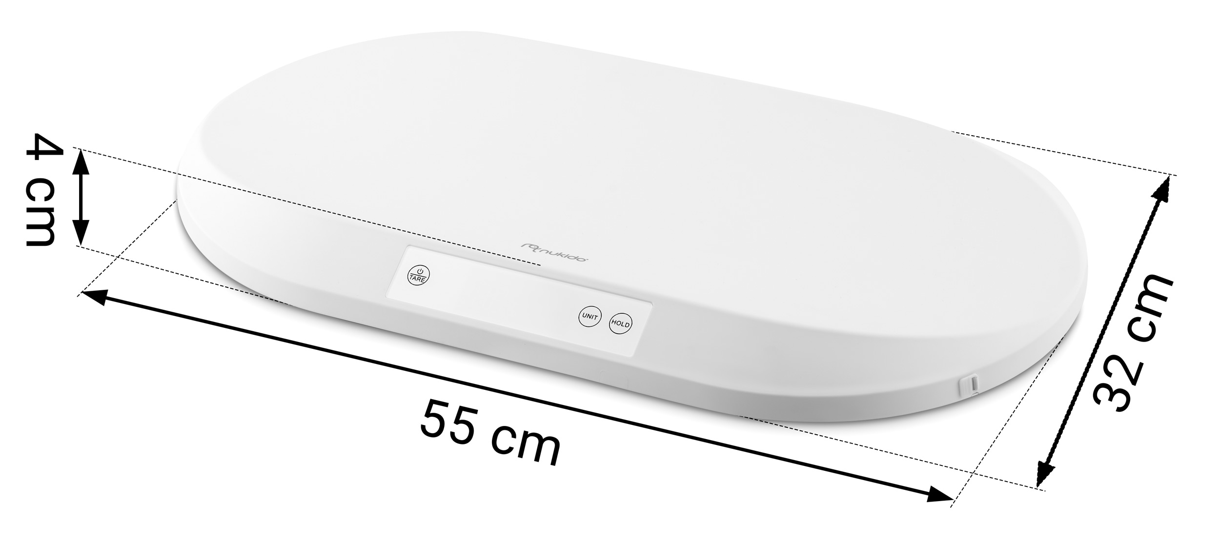 Biała waga dla niemowląt z wymiarami: 55 cm długości, 32 cm szerokości i 4 cm wysokości. Posiada przyciski i nazwę marki.