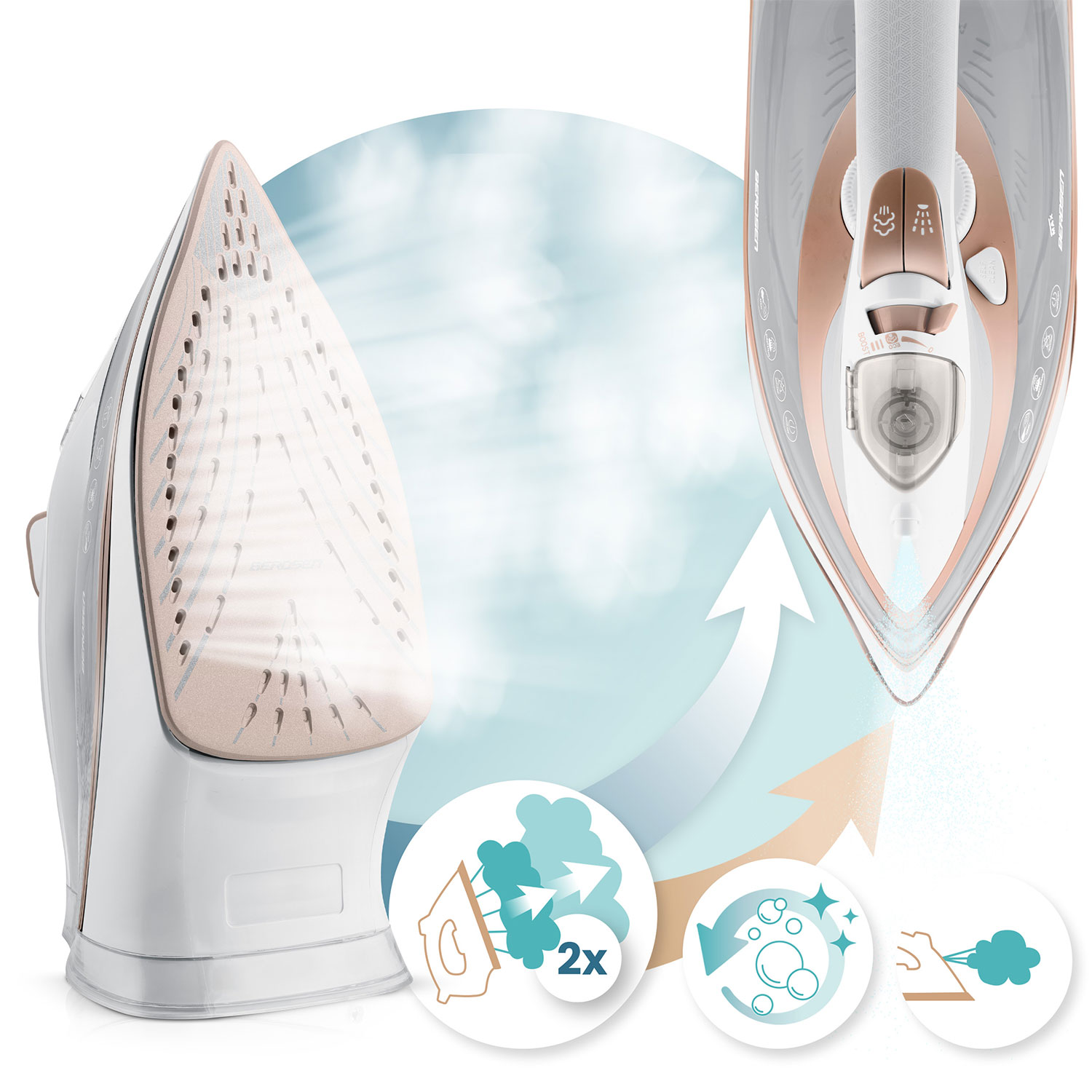 Żelazko z funkcjami pary i natrysku wodnego. Ma biało-różowo-złotą kolorystykę. Ikony ilustrują jego funkcje.