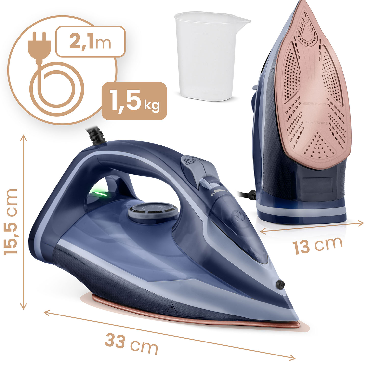 Niebieskie i różowo-złote żelazko z wymiarami. Zawiera miarkę i szczegóły przewodu zasilającego.
