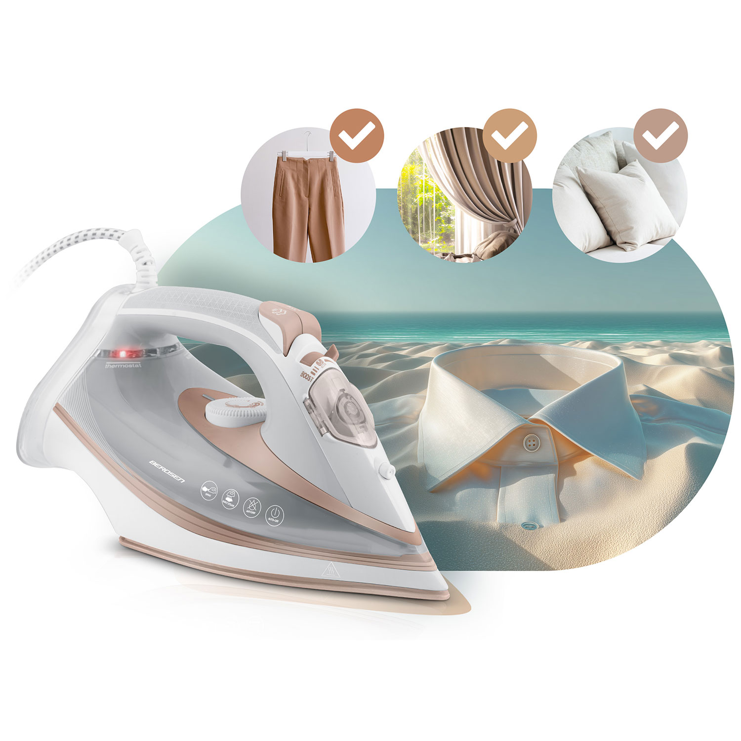 Białe i różowo-złote żelazko obok koszuli na piasku. Znaczniki wyboru znajdują się na spodniach, zasłonach i poduszkach.