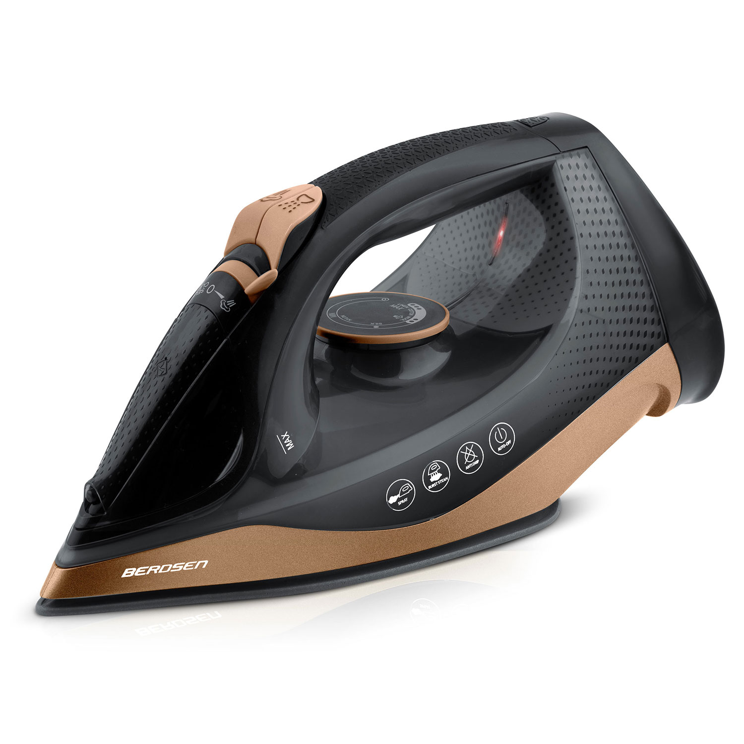 Czarne i brązowe żelazko na białym tle. Funkcje obejmują ustawienia pary, automatyczne wyłączanie i funkcję natrysku wody. Marka: Berosen.