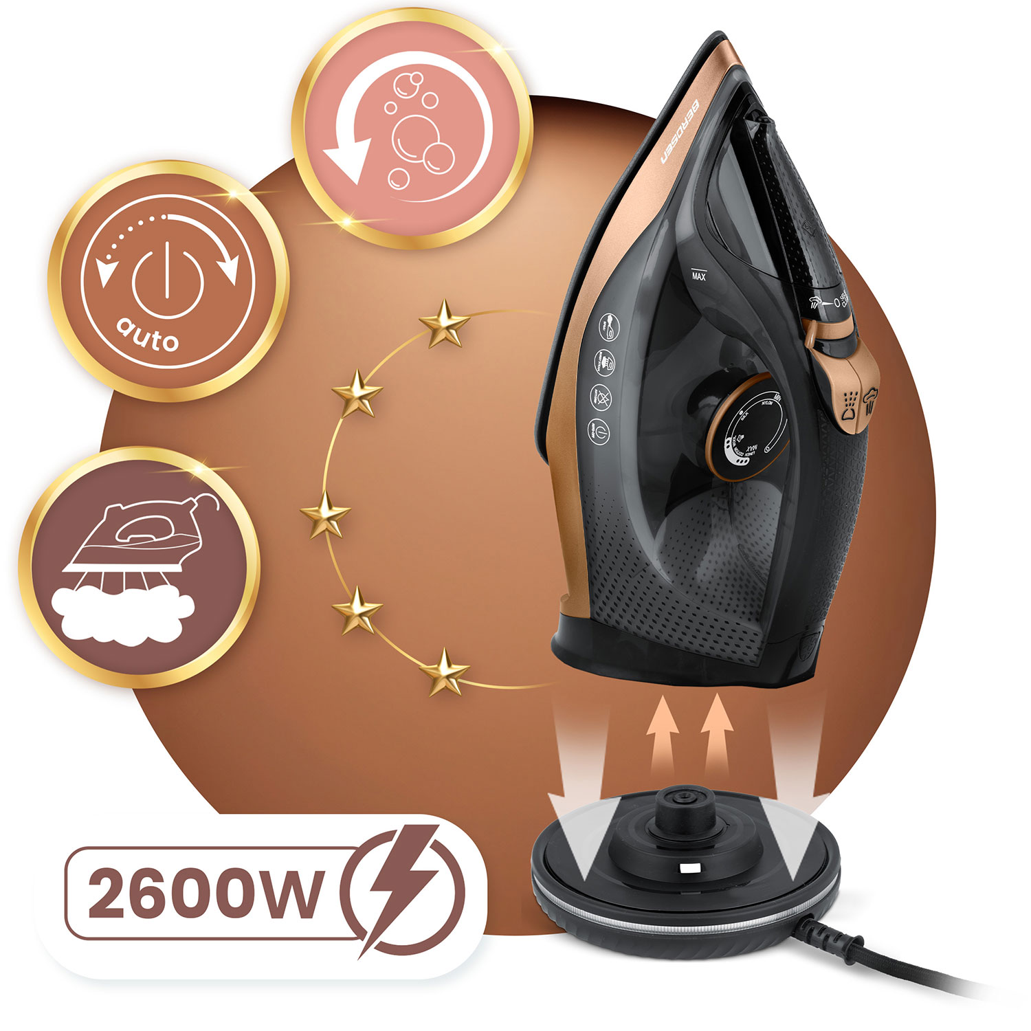 Żelazko w czarno-złotym designie. Ma ikony funkcji, stację ładującą i moc 2600W.